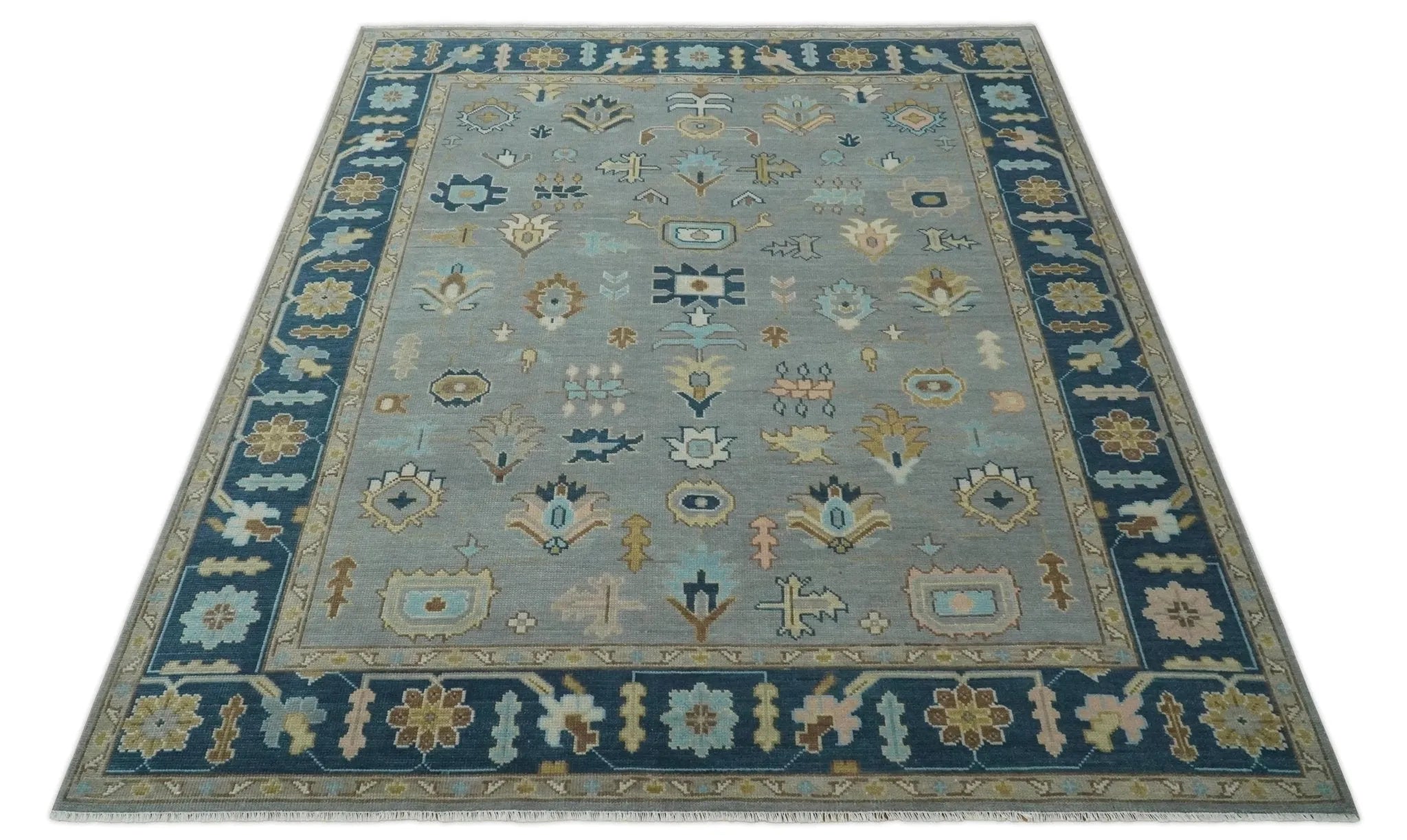 Custom Made Hand knotted Silver and Blue Traditional Oushak wool Area Rug