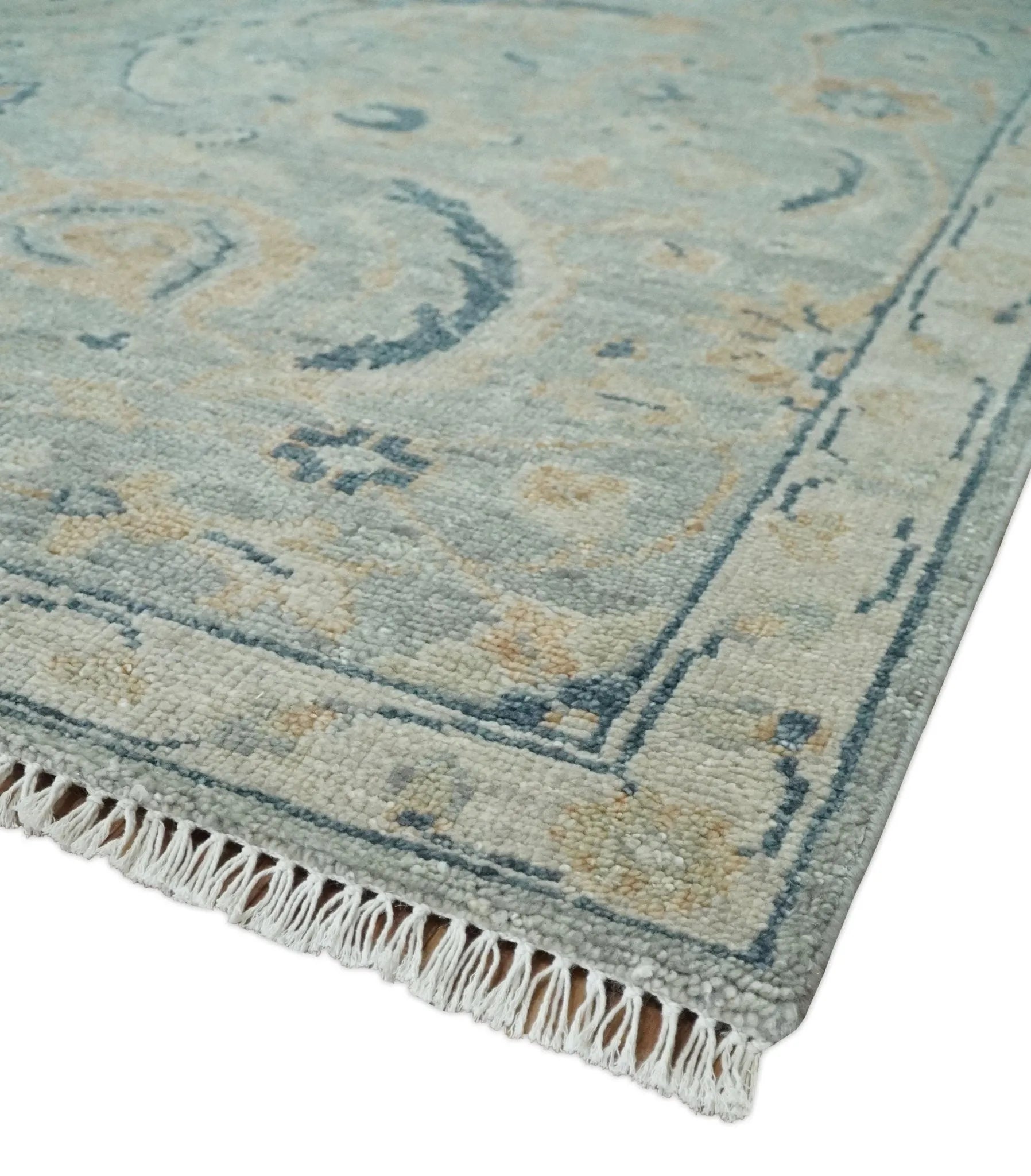 Custom Made Hand Knotted Silver and Blue Traditional Oushak Wool Rug