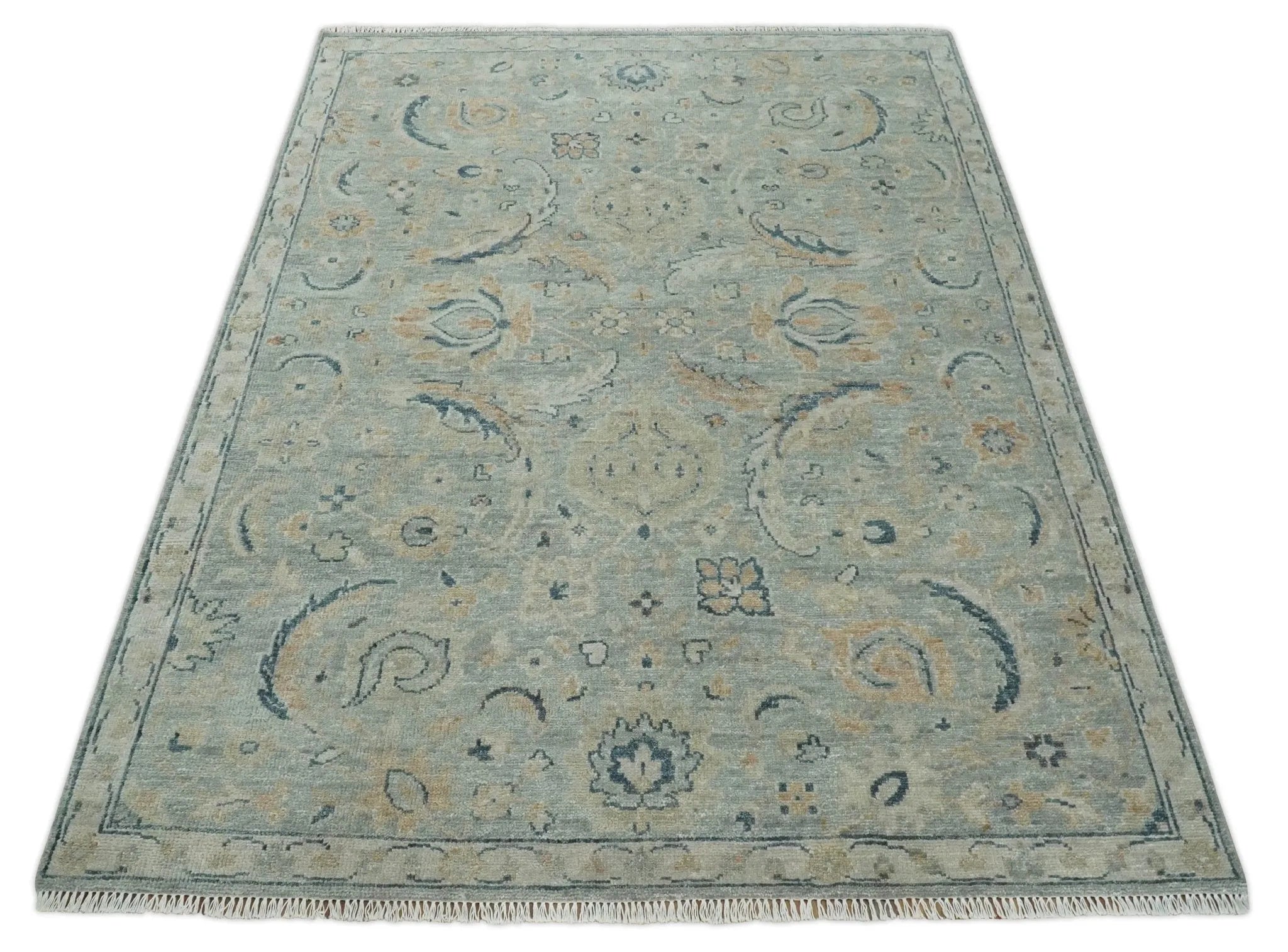 Custom Made Hand Knotted Silver and Blue Traditional Oushak Wool Rug