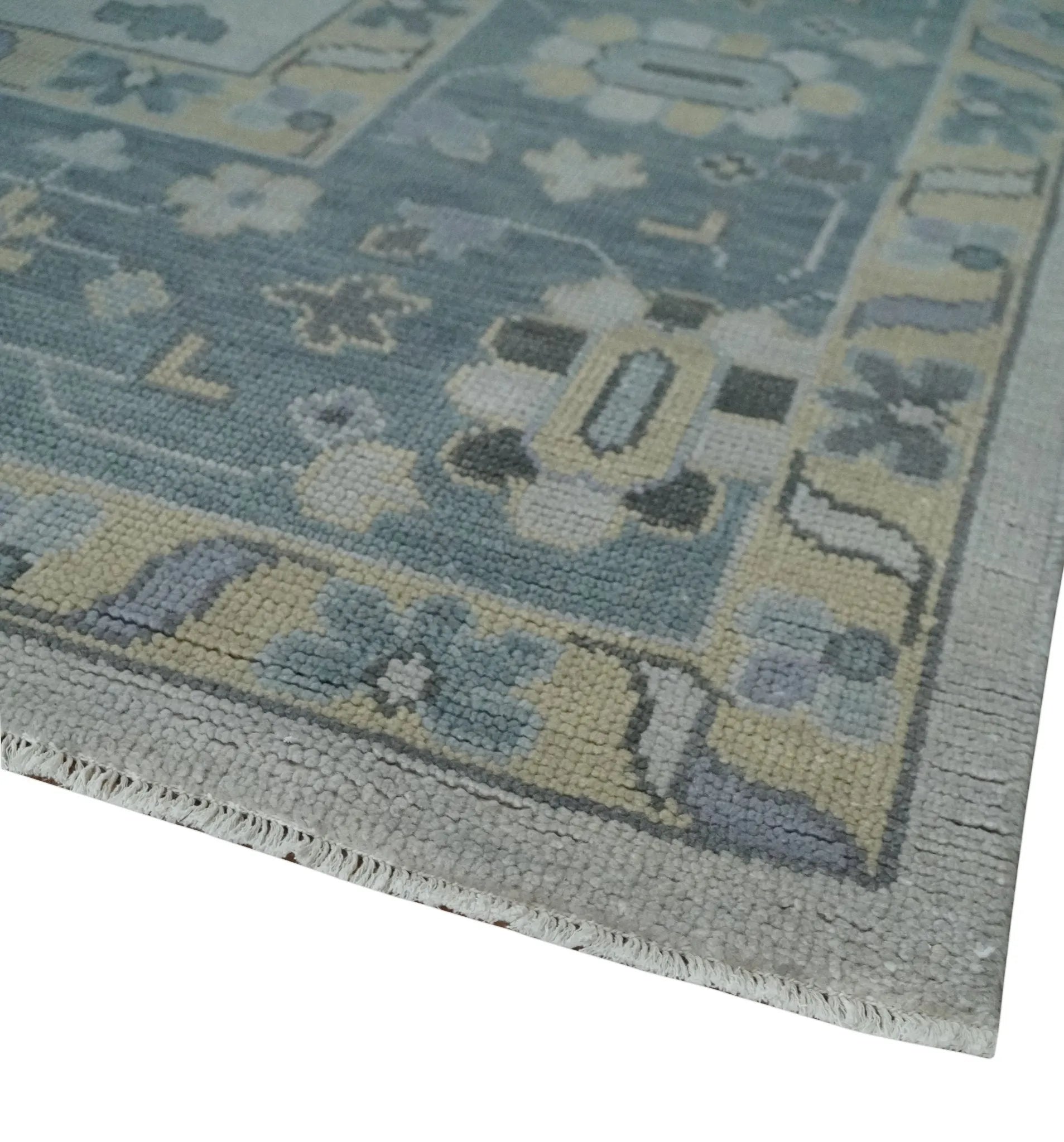 Custom Made Hand Knotted Silver, Blue and Beige Traditional Oushak Wool Area Rug