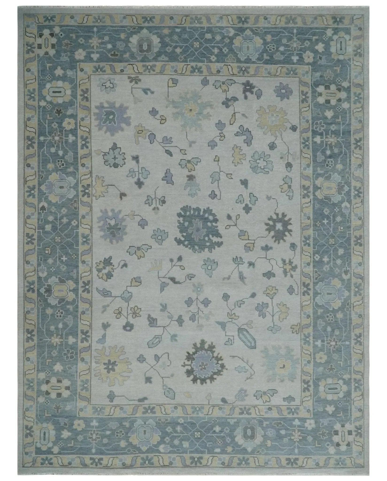 Custom Made Hand Knotted Silver, Blue and Beige Traditional Oushak Wool Area Rug