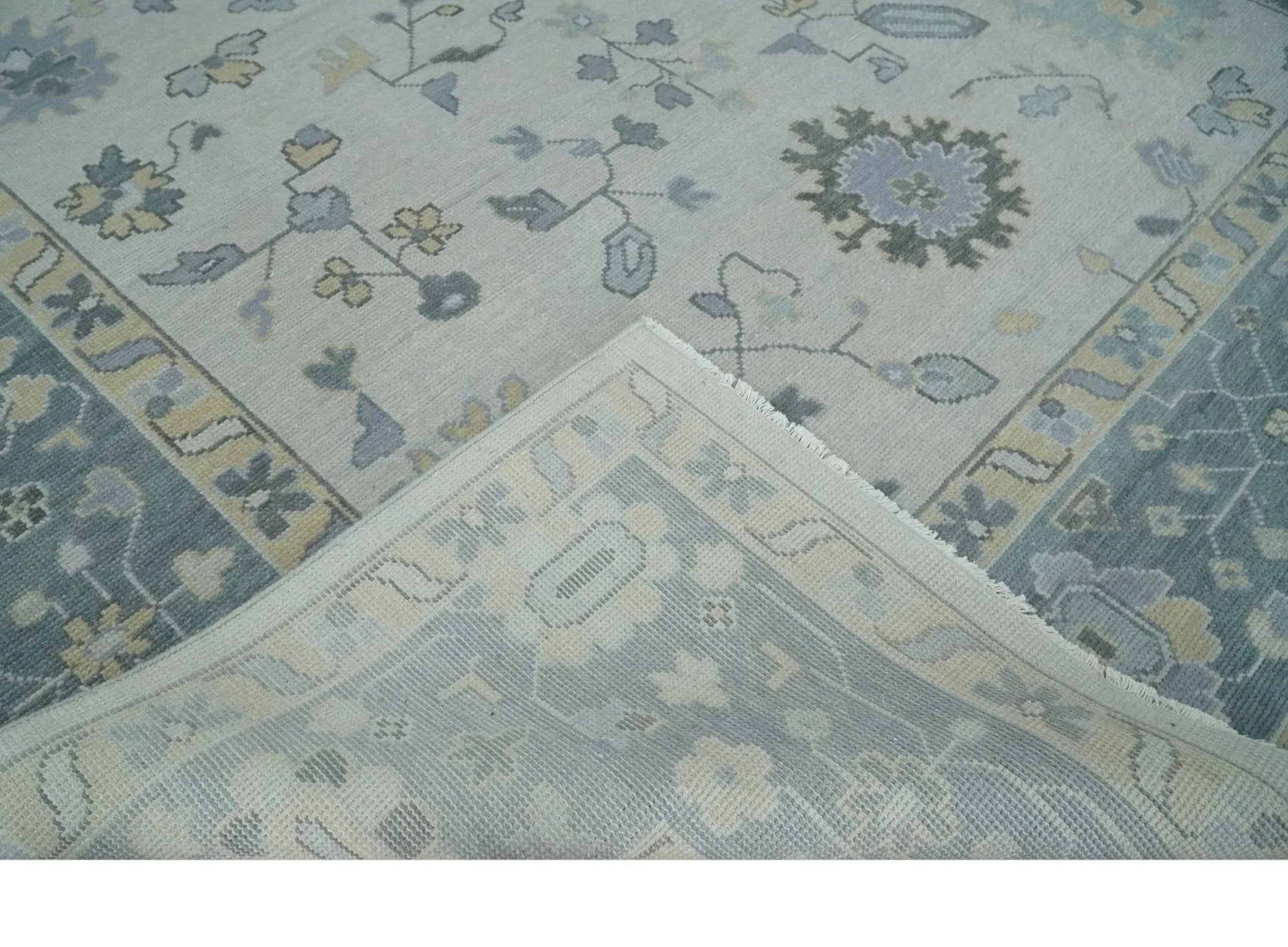 Custom Made Hand Knotted Silver, Blue and Beige Traditional Oushak Wool Area Rug