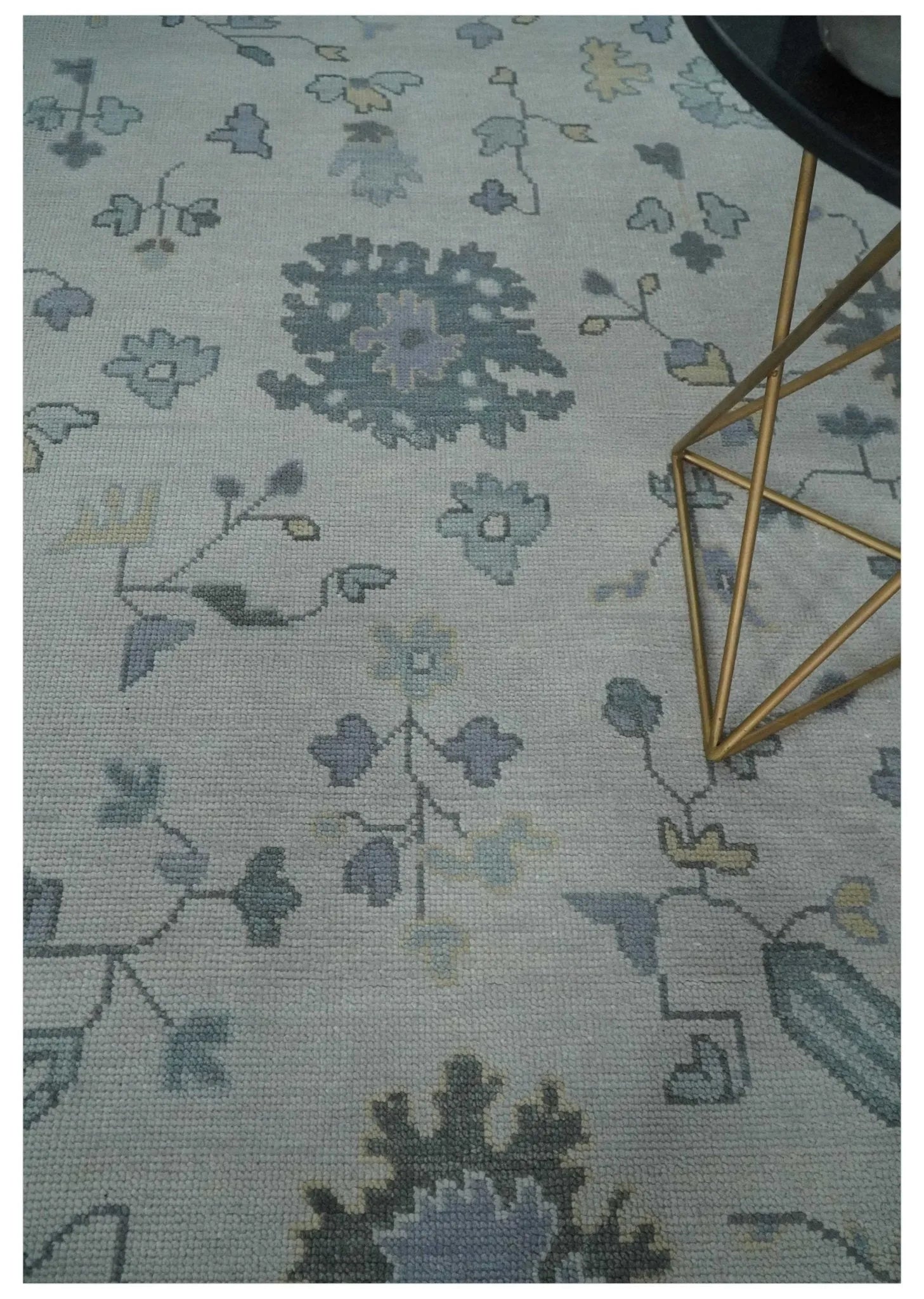 Custom Made Hand Knotted Silver, Blue and Beige Traditional Oushak Wool Area Rug