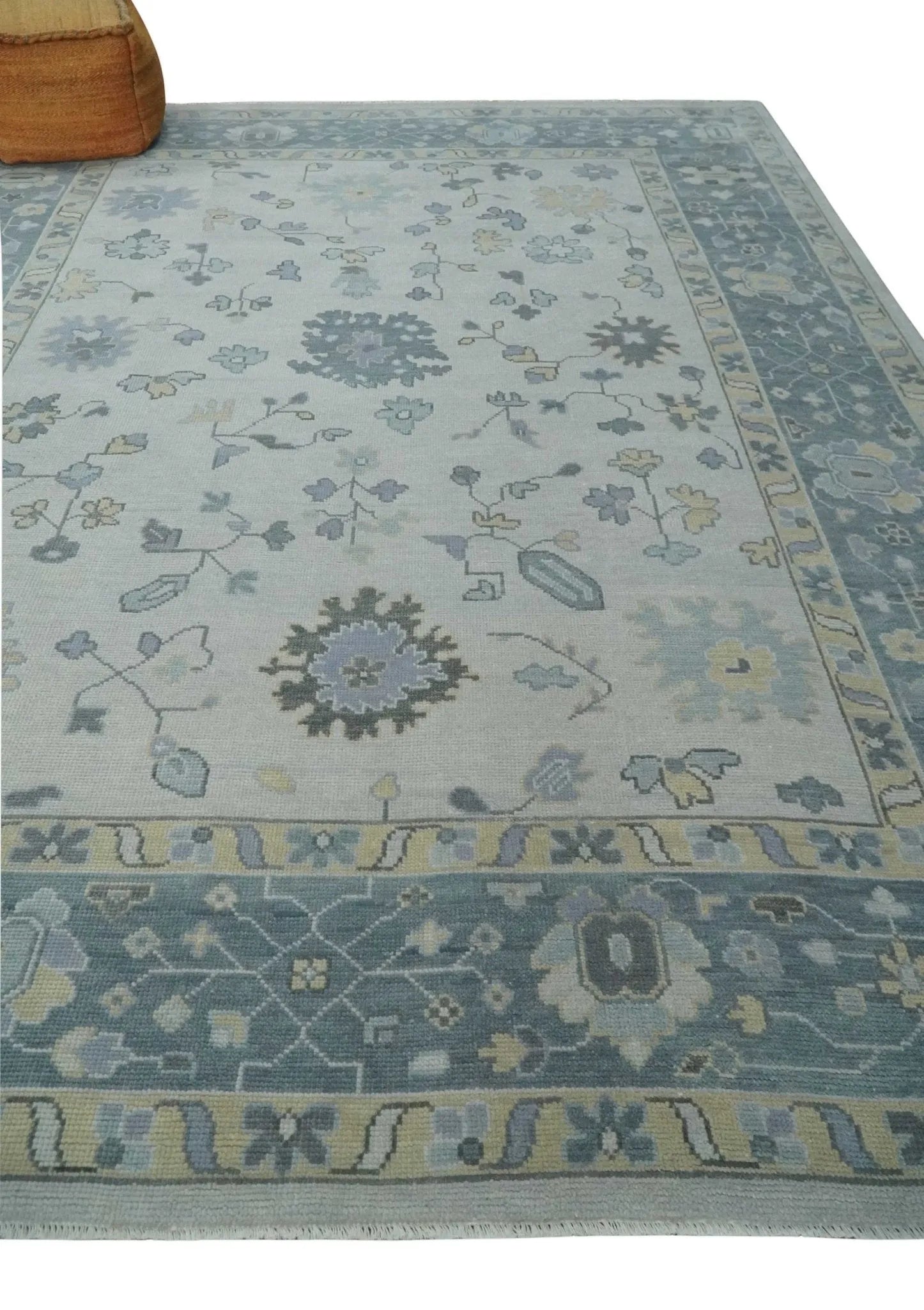 Custom Made Hand Knotted Silver, Blue and Beige Traditional Oushak Wool Area Rug