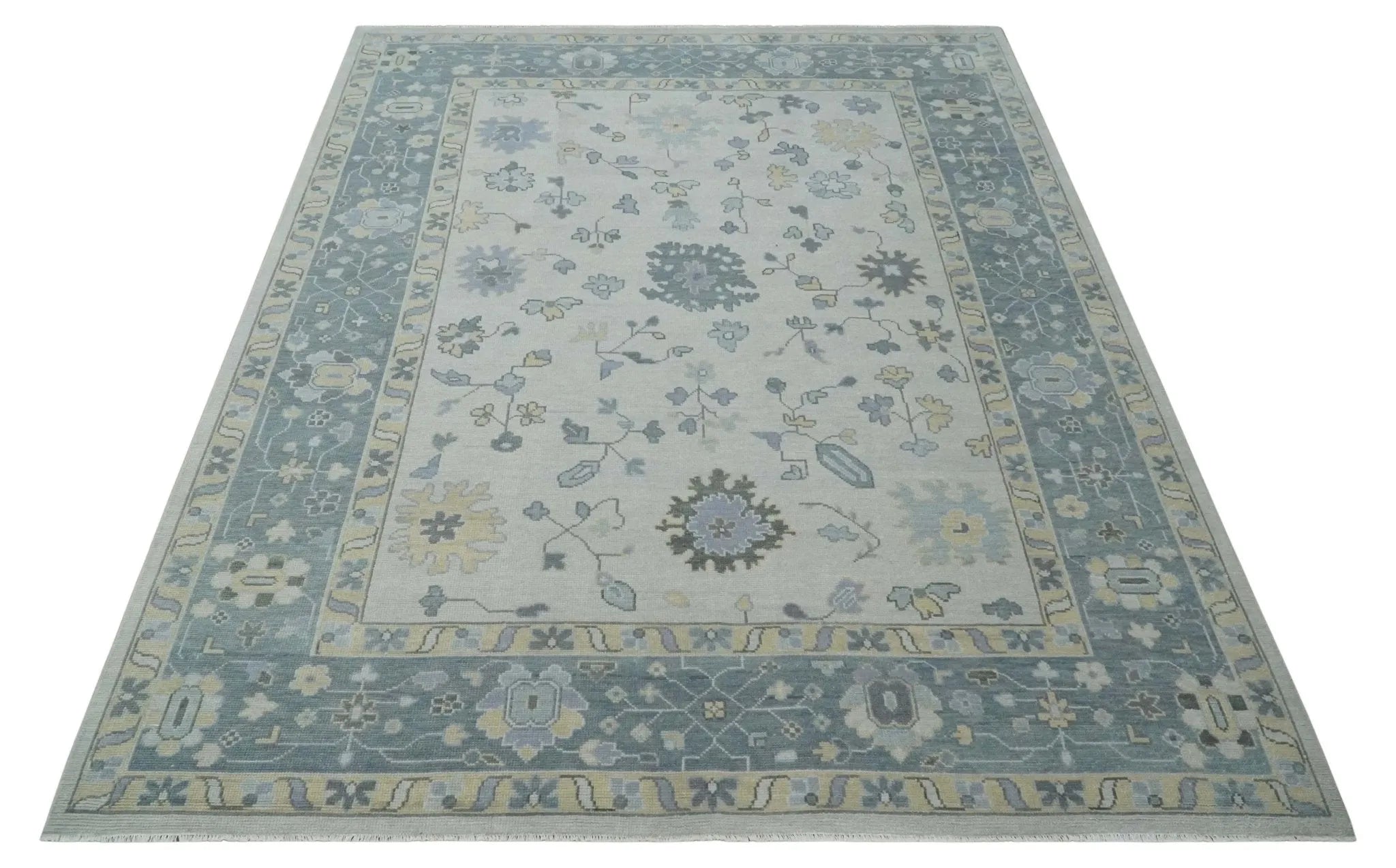 Custom Made Hand Knotted Silver, Blue and Beige Traditional Oushak Wool Area Rug