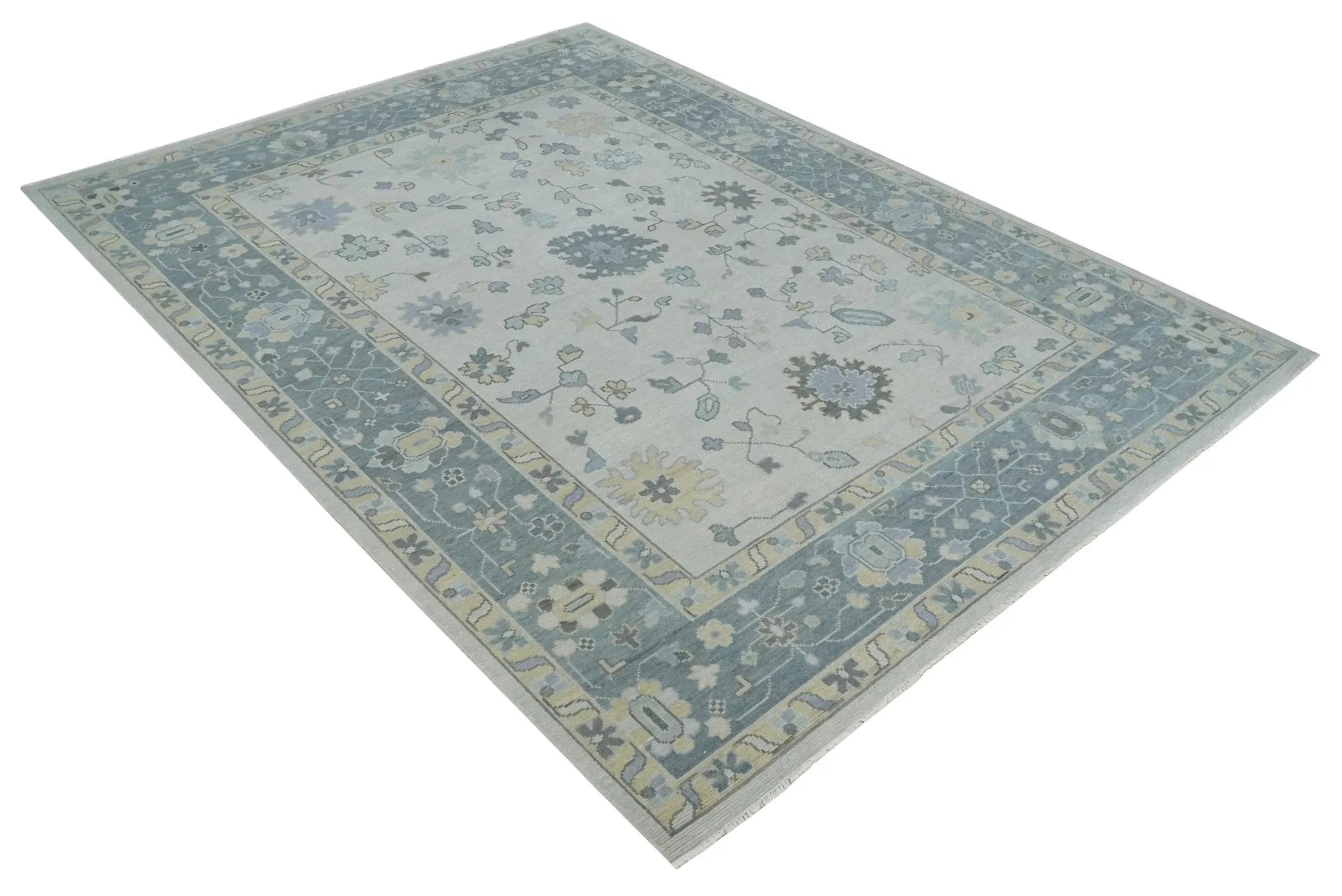 Custom Made Hand Knotted Silver, Blue and Beige Traditional Oushak Wool Area Rug