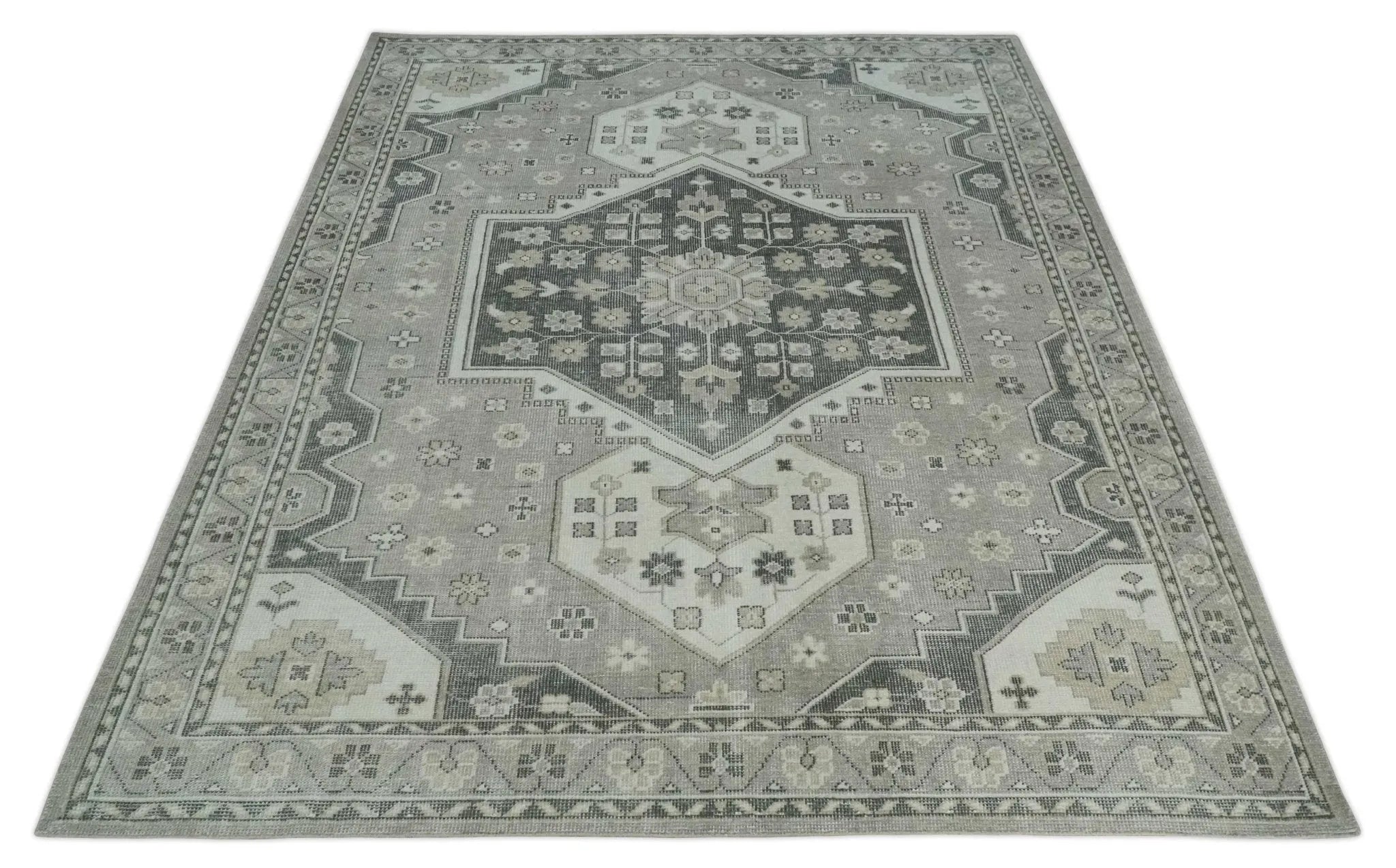 Custom Made Hand Knotted Silver, Charcoal and Ivory Traditional Medallion Wool Area Rug