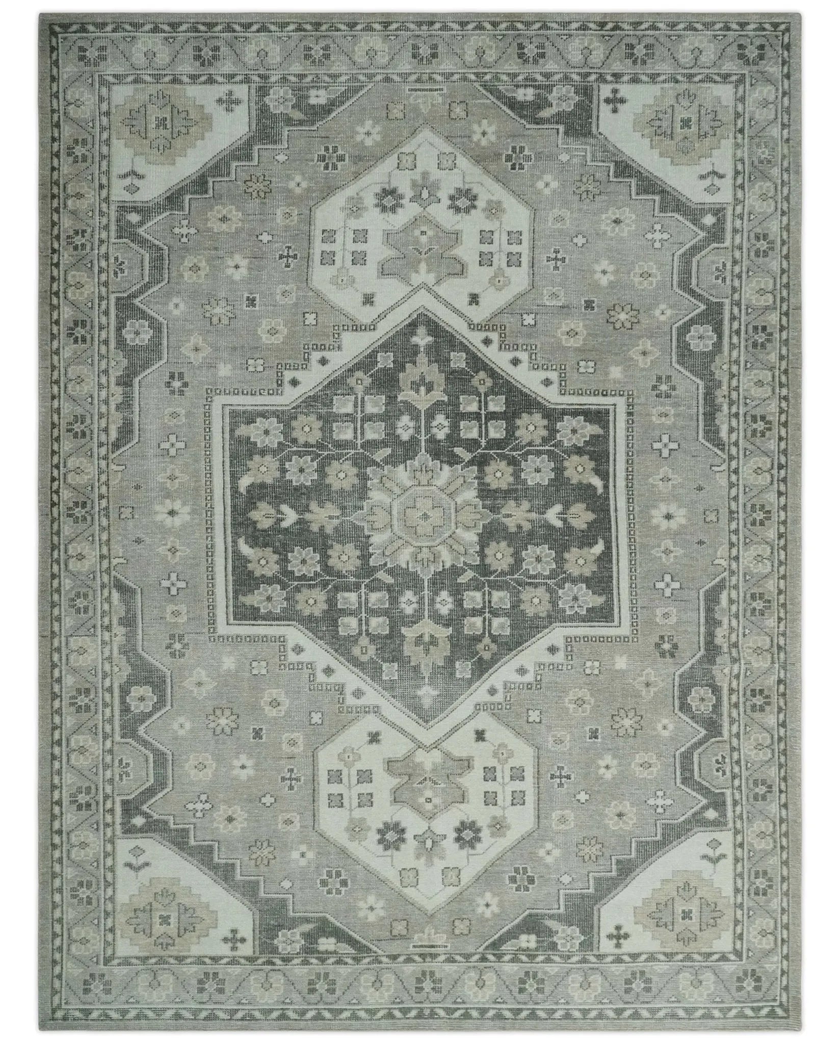 Custom Made Hand Knotted Silver, Charcoal and Ivory Traditional Medallion Wool Area Rug