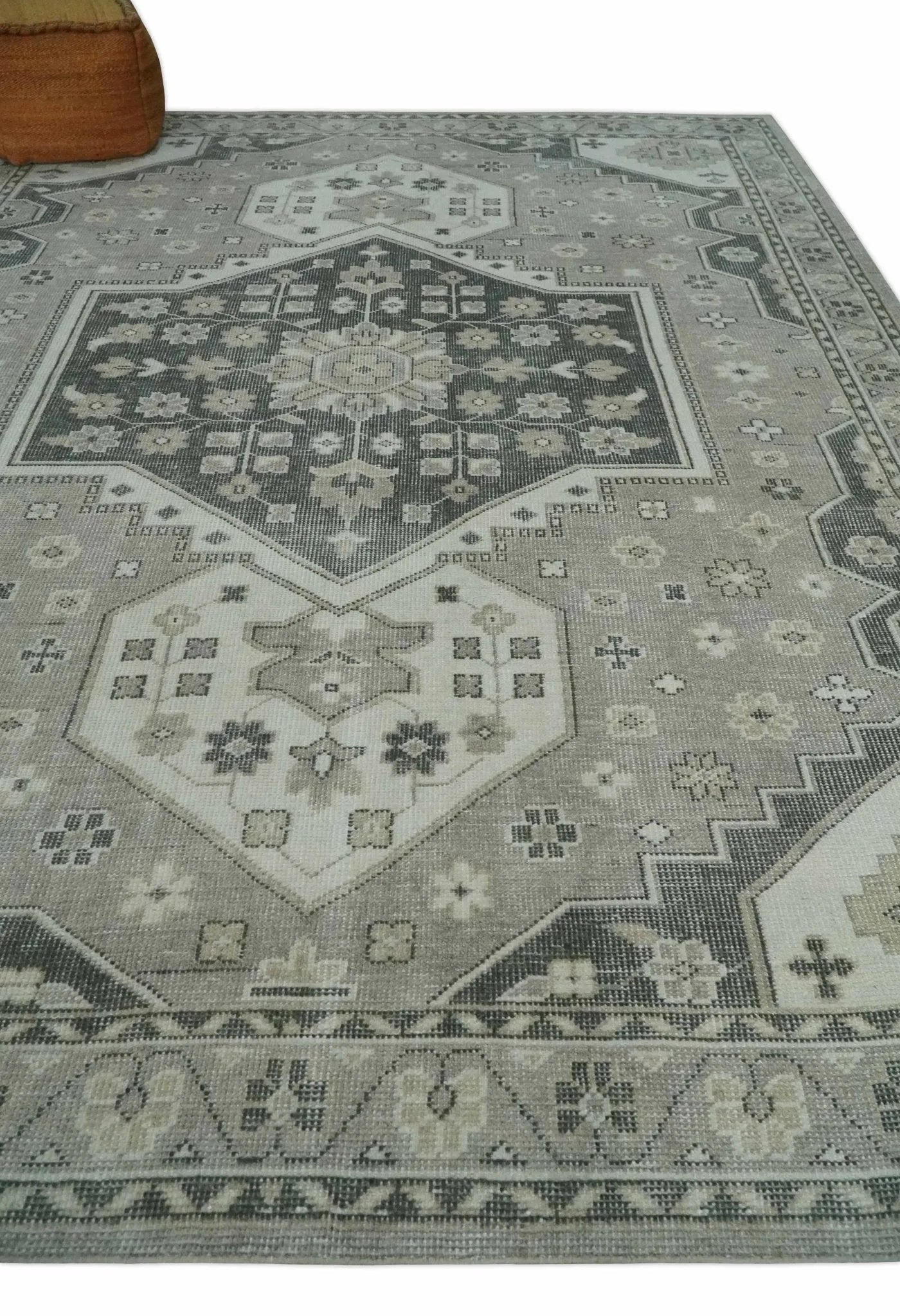 Custom Made Hand Knotted Silver, Charcoal and Ivory Traditional Medallion Wool Area Rug