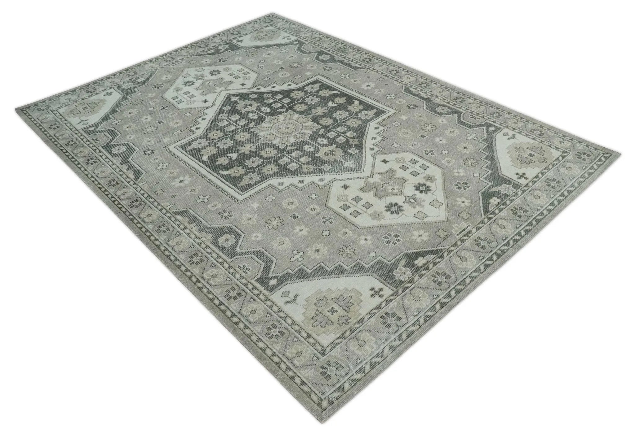 Custom Made Hand Knotted Silver, Charcoal and Ivory Traditional Medallion Wool Area Rug