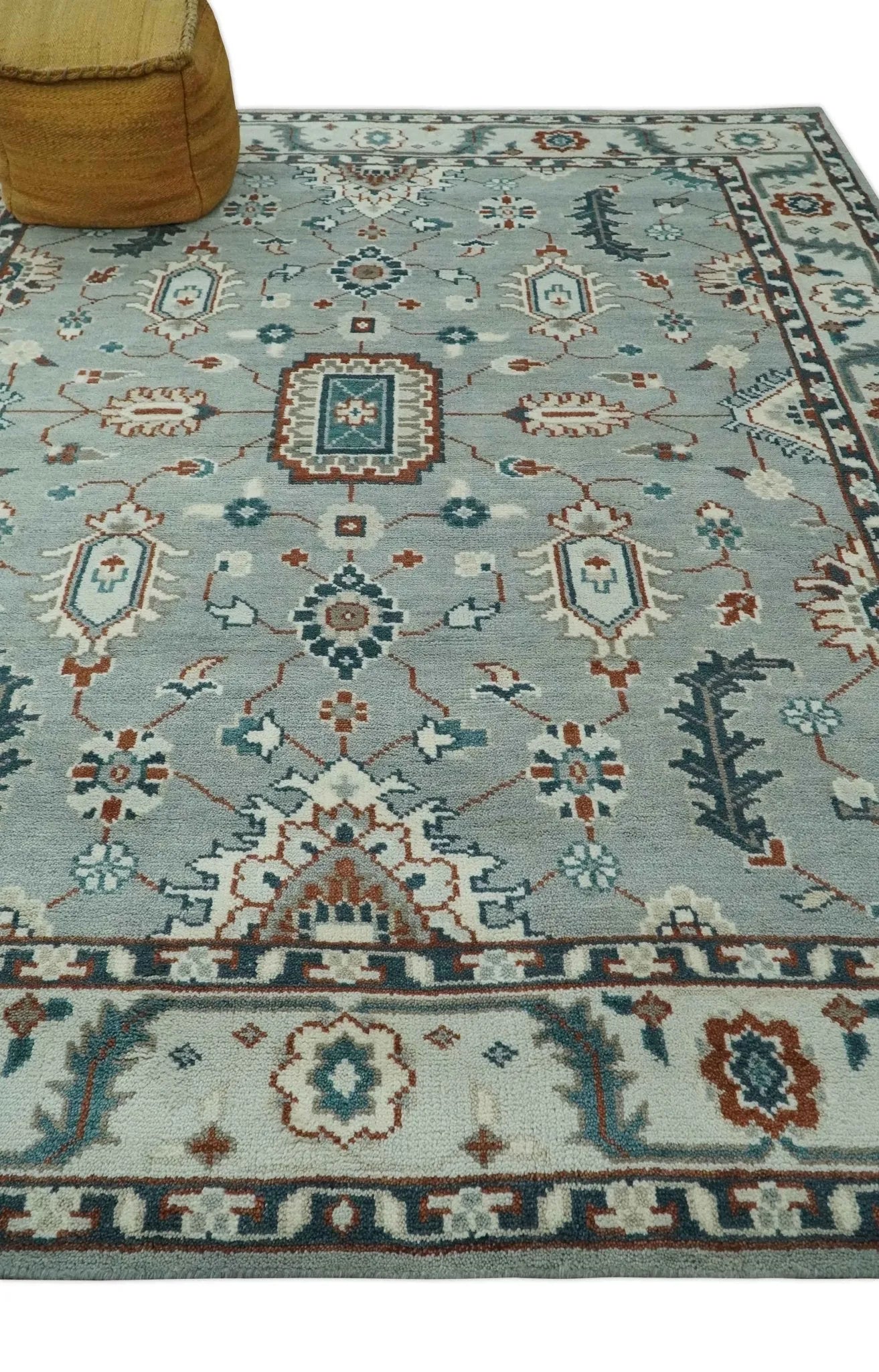 Custom Made Hand Knotted Silver, Teal, Ivory and Brown Traditional Oriental Oushak wool area Rug