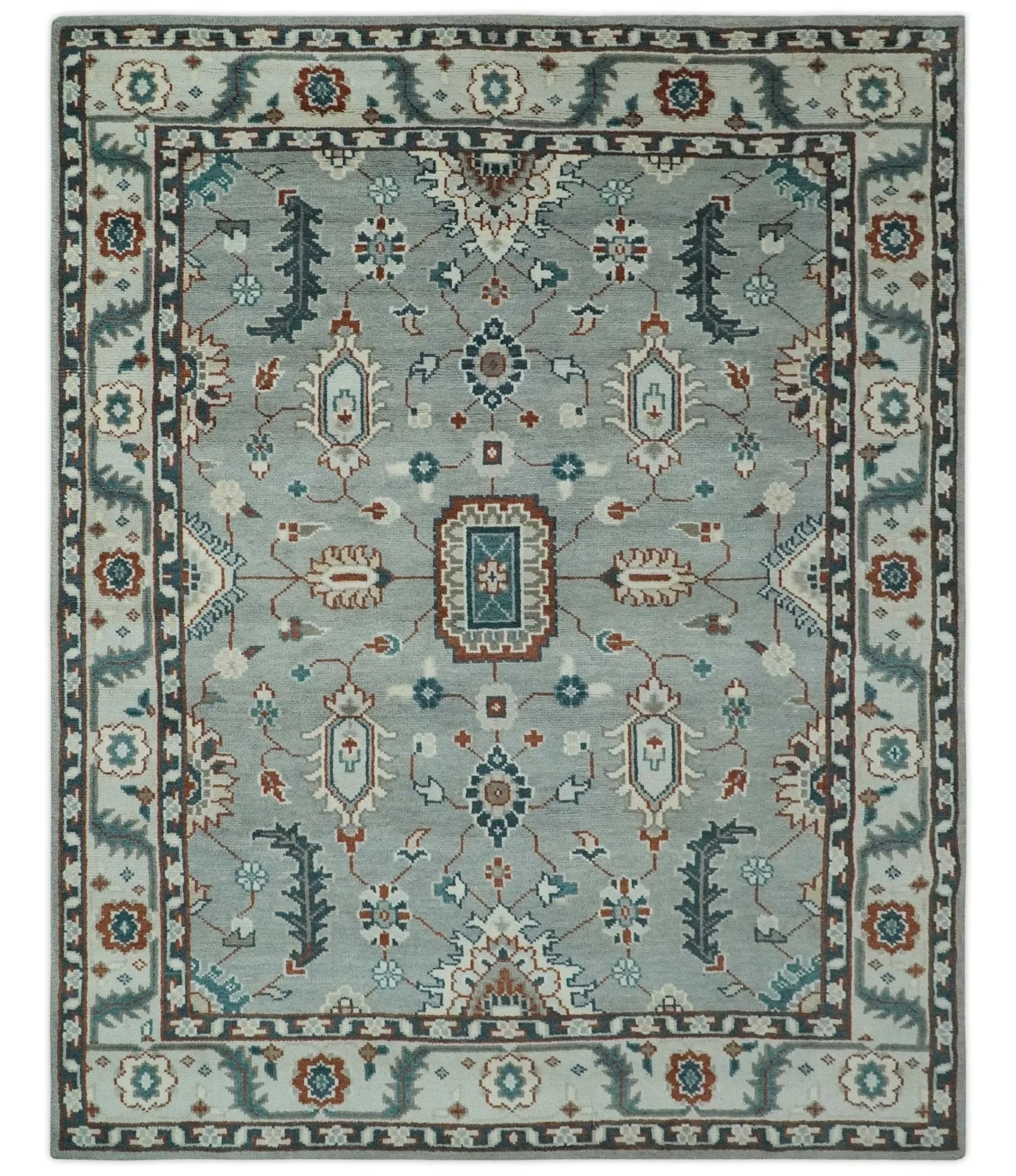 Custom Made Hand Knotted Silver, Teal, Ivory and Brown Traditional Oriental Oushak wool area Rug