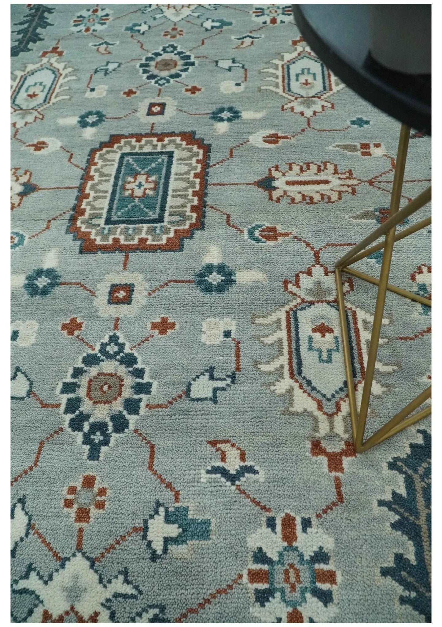 Custom Made Hand Knotted Silver, Teal, Ivory and Brown Traditional Oriental Oushak wool area Rug