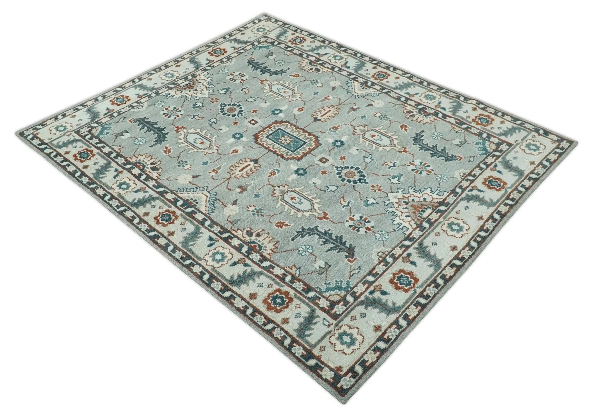 Custom Made Hand Knotted Silver, Teal, Ivory and Brown Traditional Oriental Oushak wool area Rug