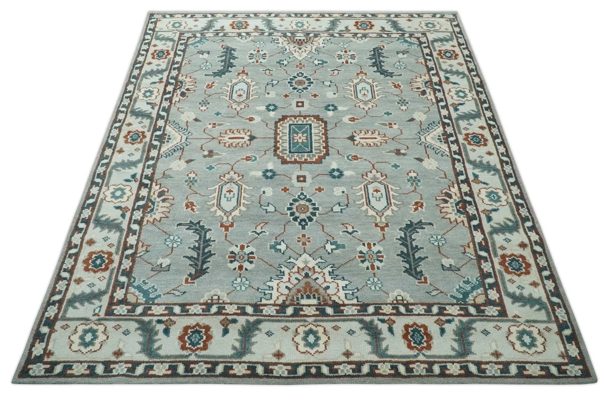 Custom Made Hand Knotted Silver, Teal, Ivory and Brown Traditional Oriental Oushak wool area Rug