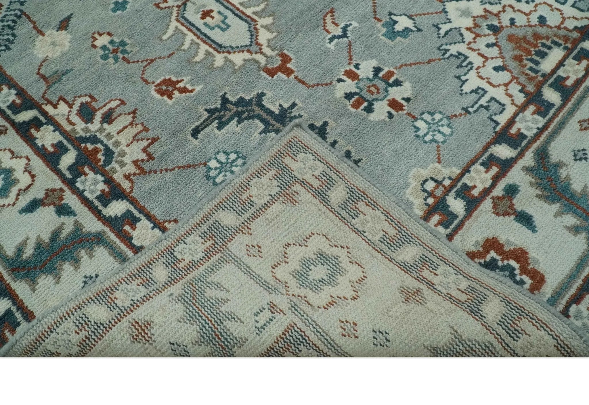 Custom Made Hand Knotted Silver, Teal, Ivory and Brown Traditional Oriental Oushak wool area Rug