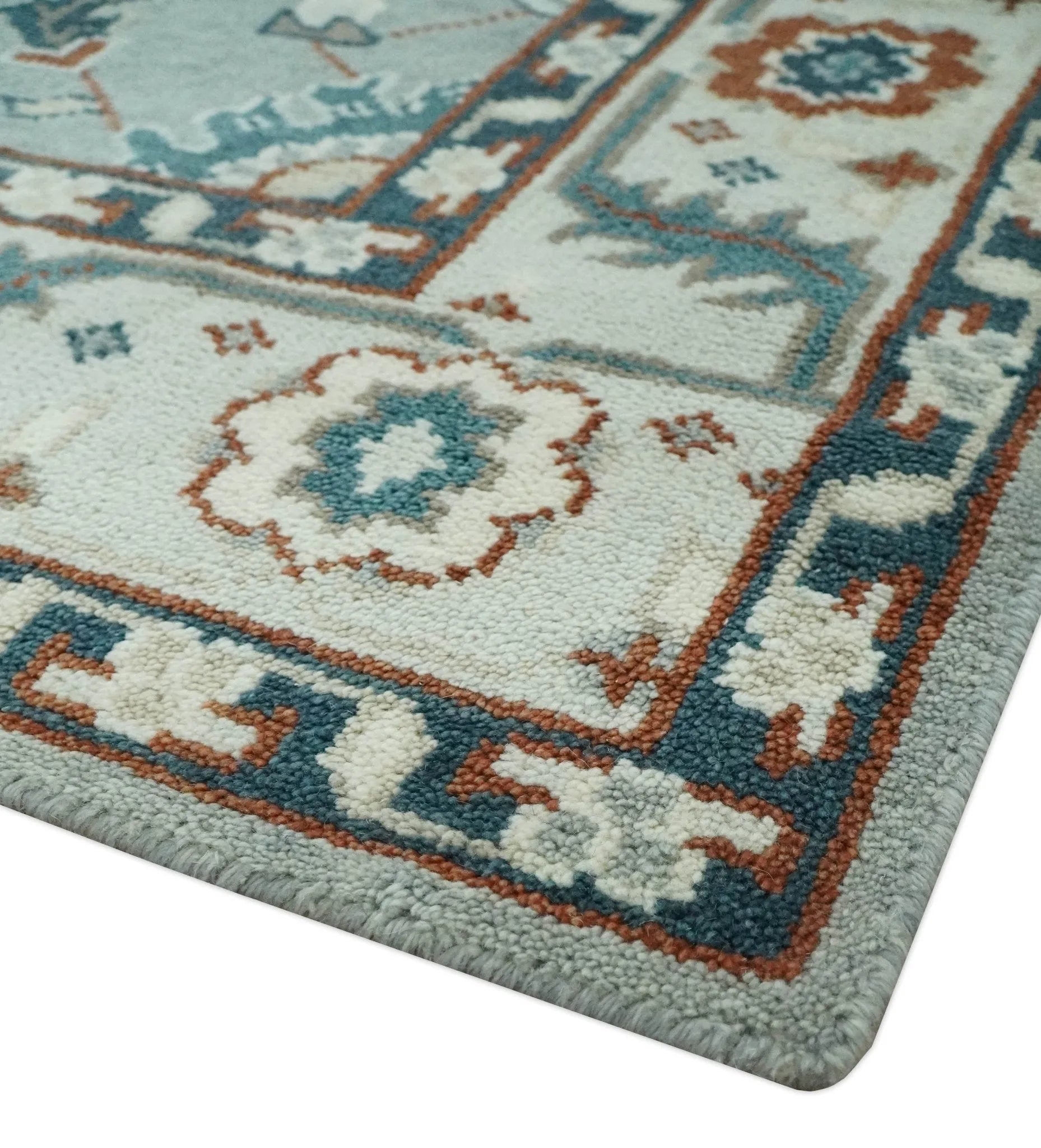 Custom Made Hand Knotted Silver, Teal, Ivory and Brown Traditional Oriental Oushak wool area Rug