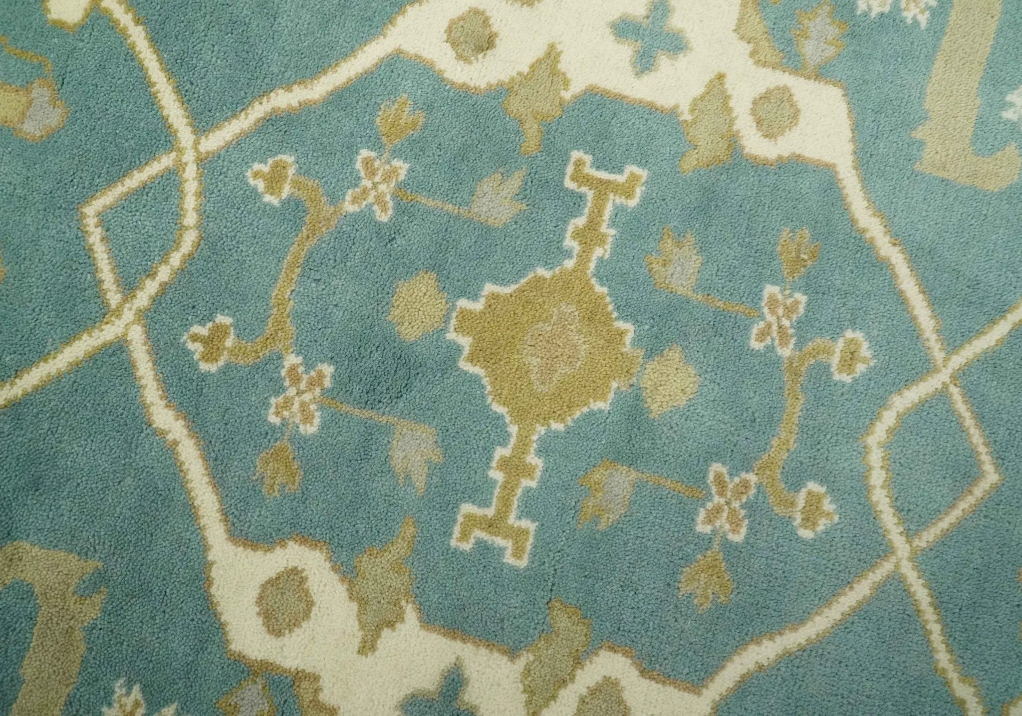 Custom Made Hand Knotted Teal, Ivory and Olive Oriental Oushak wool area rug