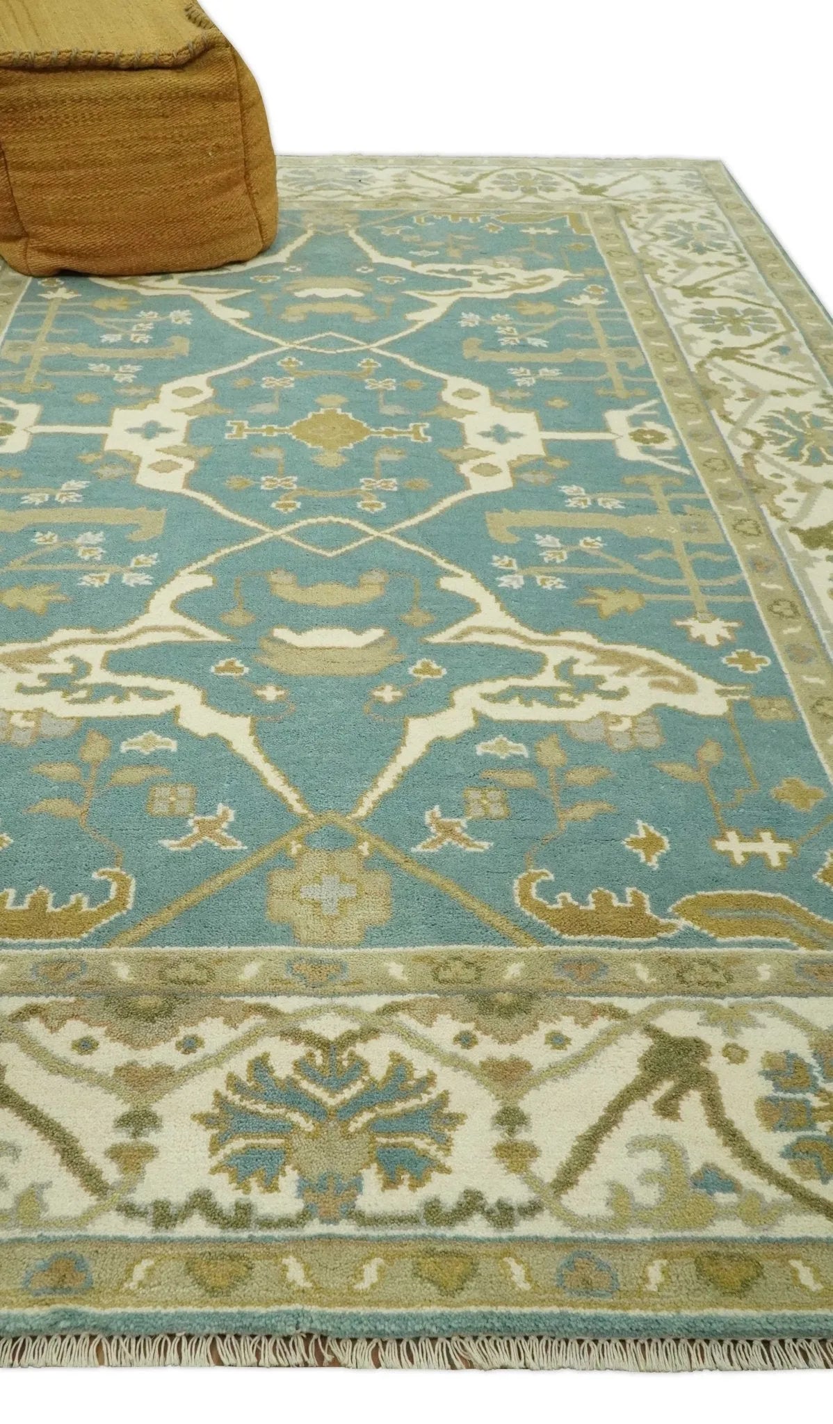 Custom Made Hand Knotted Teal, Ivory and Olive Oriental Oushak wool area rug