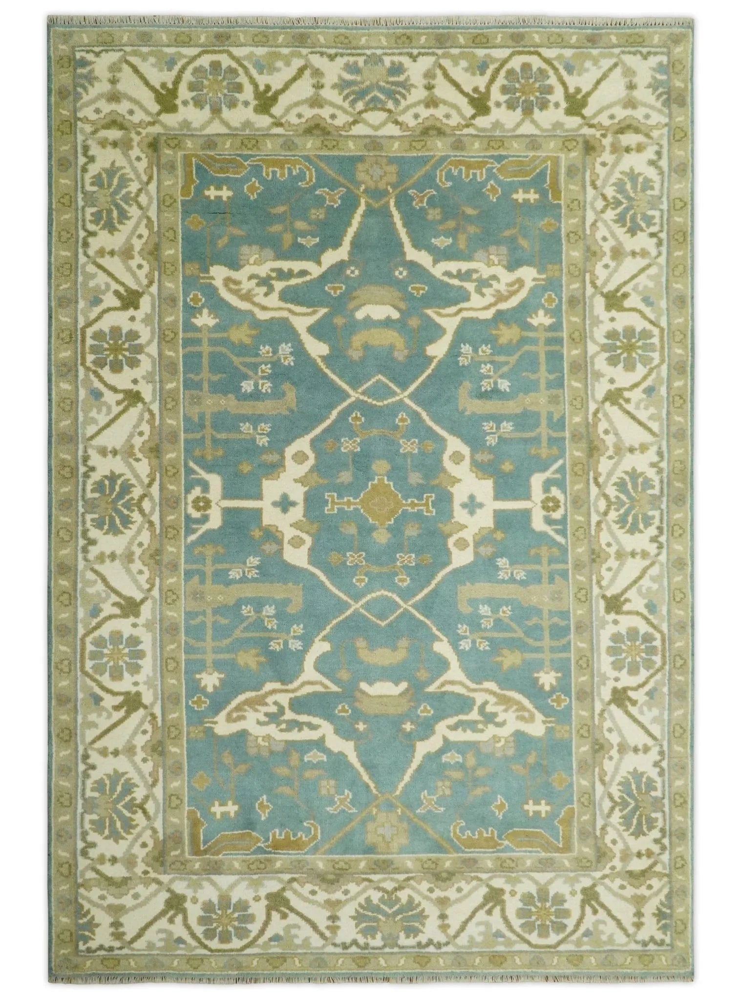 Custom Made Hand Knotted Teal, Ivory and Olive Oriental Oushak wool area rug