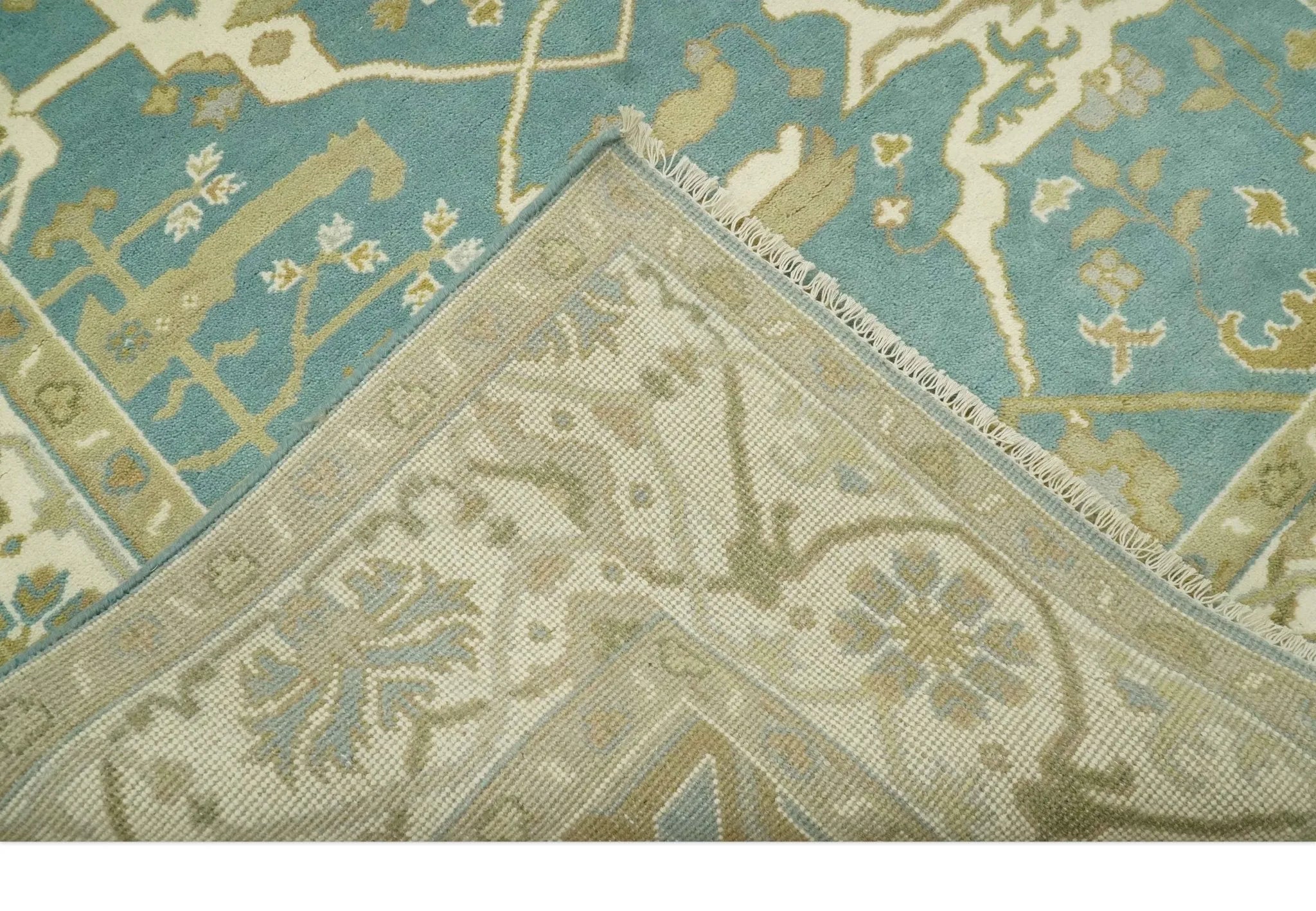 Custom Made Hand Knotted Teal, Ivory and Olive Oriental Oushak wool area rug