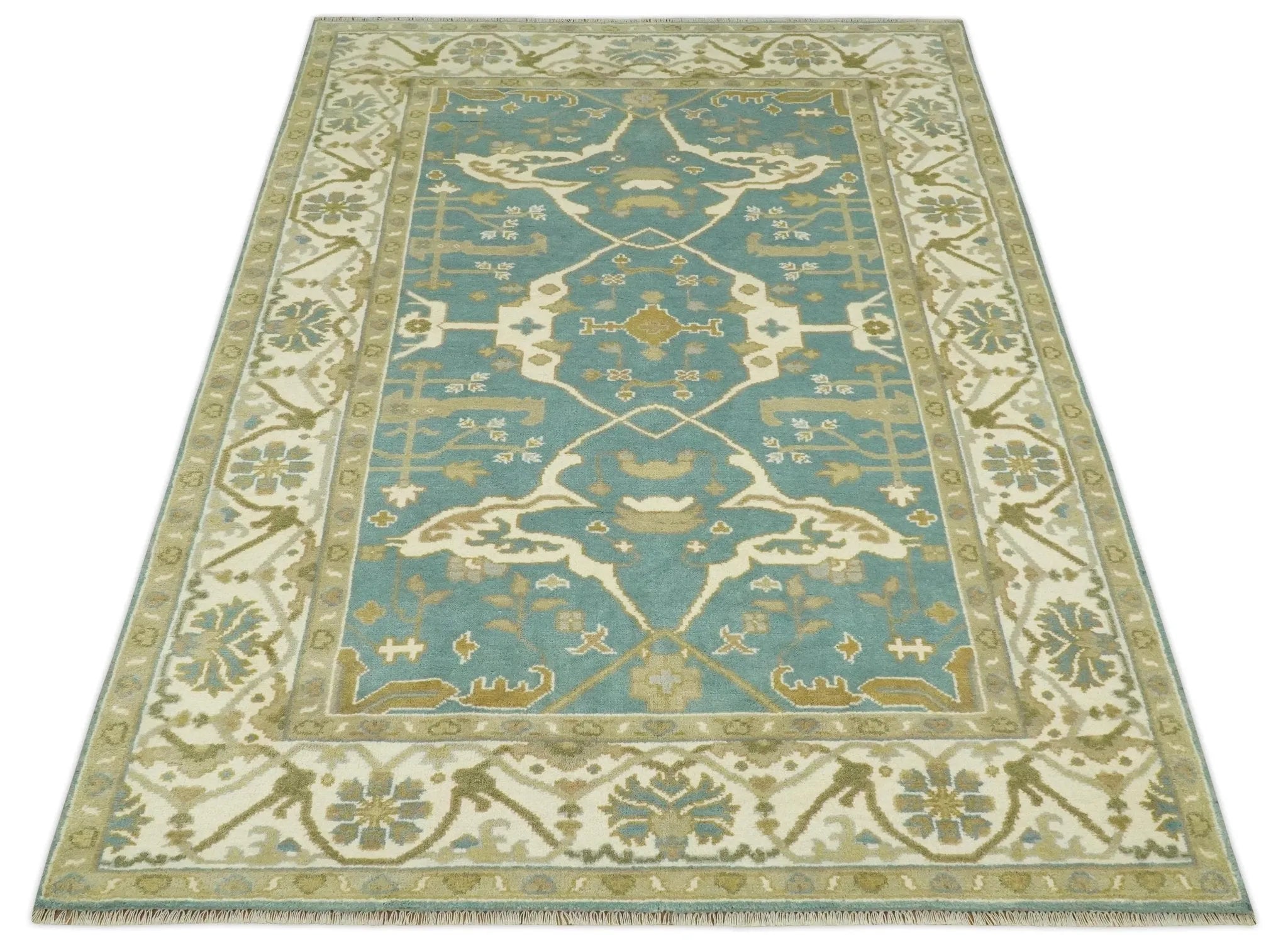 Custom Made Hand Knotted Teal, Ivory and Olive Oriental Oushak wool area rug