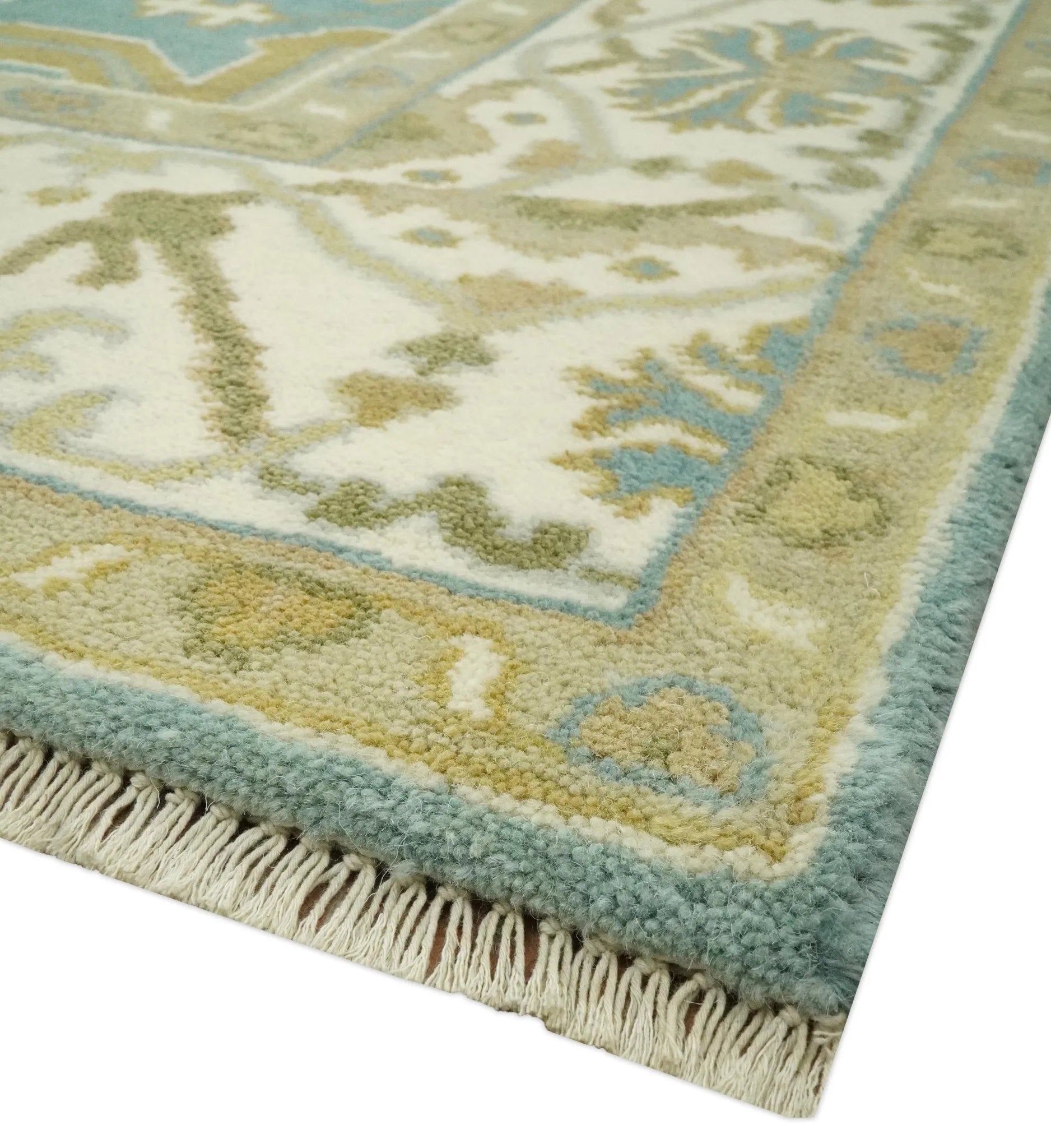 Custom Made Hand Knotted Teal, Ivory and Olive Oriental Oushak wool area rug