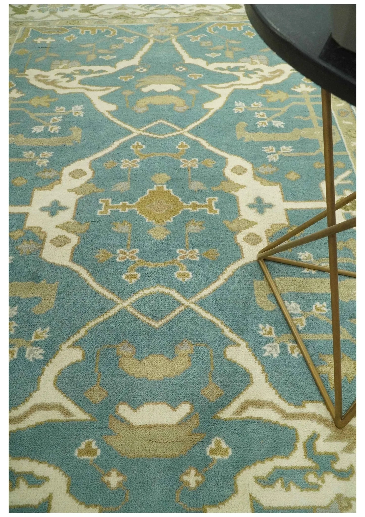 Custom Made Hand Knotted Teal, Ivory and Olive Oriental Oushak wool area rug