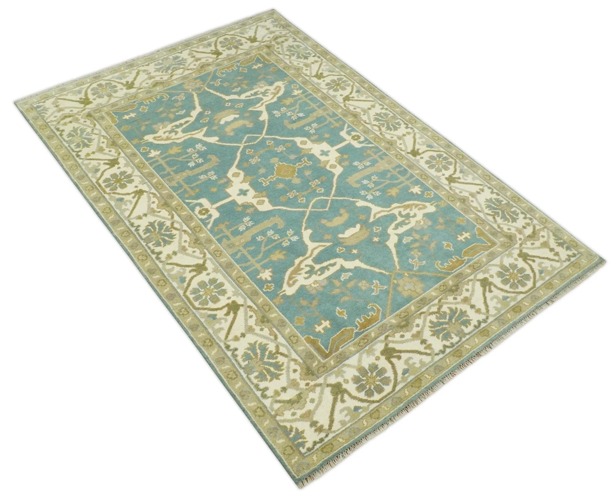 Custom Made Hand Knotted Teal, Ivory and Olive Oriental Oushak wool area rug