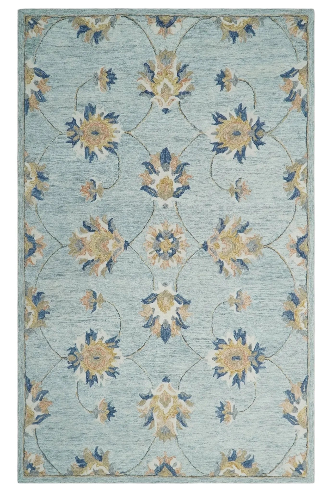 Custom Made Hand Tufted Gray, Peach and Blue Traditional Floral Antique Style Rug