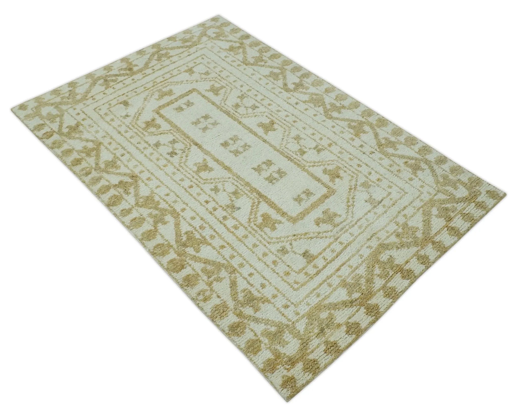 Custom Made Ivory and Olive Traditional Hand Knotted wool Area Rug