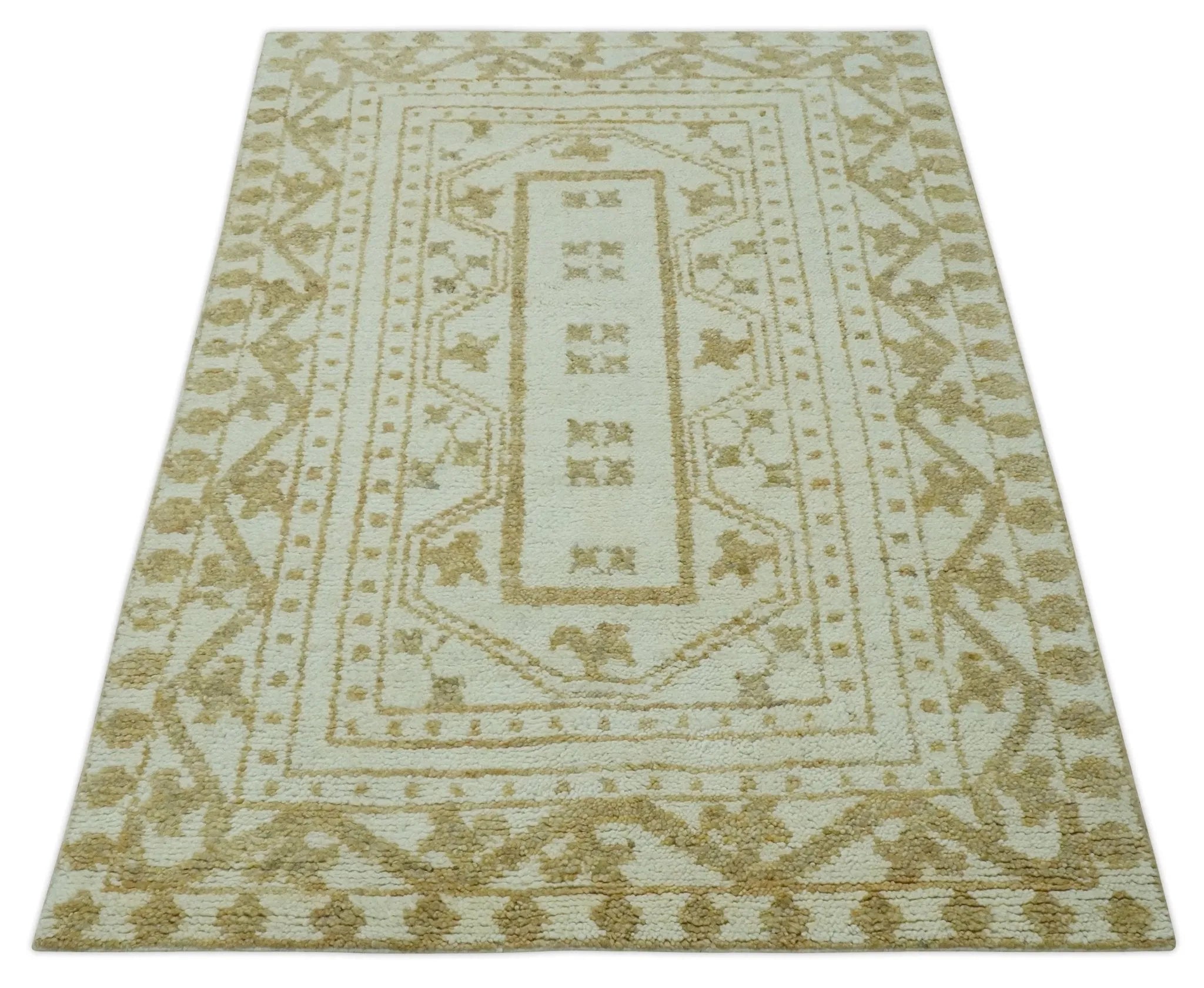 Custom Made Ivory and Olive Traditional Hand Knotted wool Area Rug