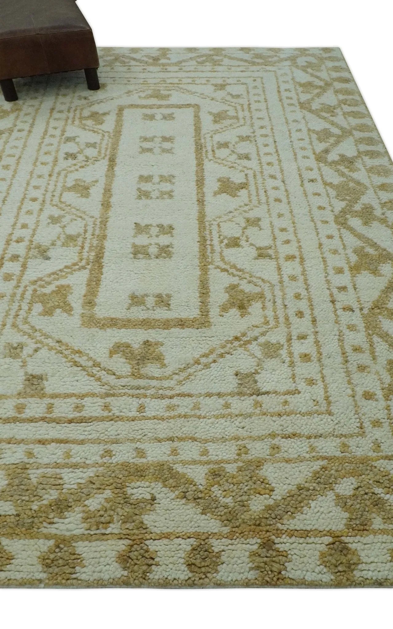 Custom Made Ivory and Olive Traditional Hand Knotted wool Area Rug