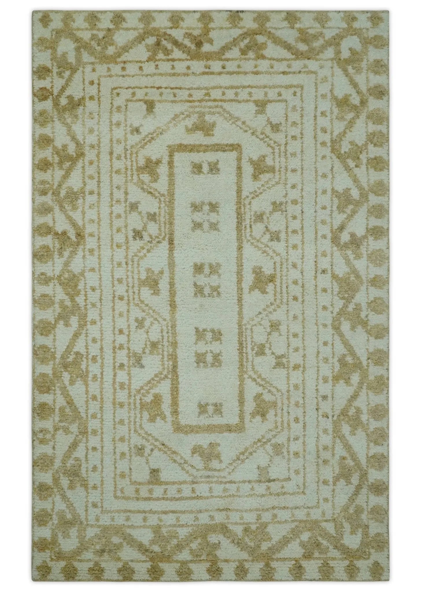 Custom Made Ivory and Olive Traditional Hand Knotted wool Area Rug