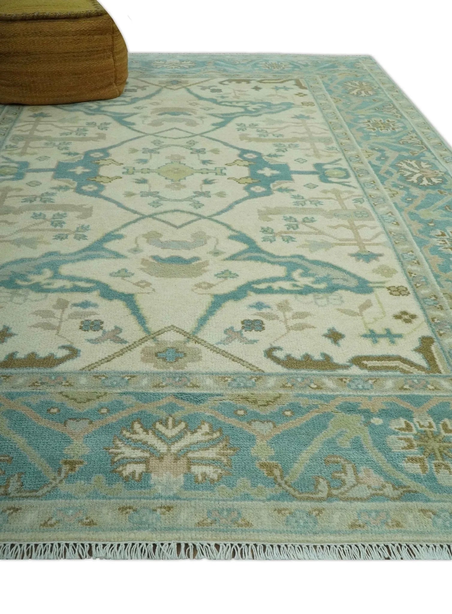 Custom Made Ivory and Teal Hand Knotted Traditional Oriental Oushak wool rug