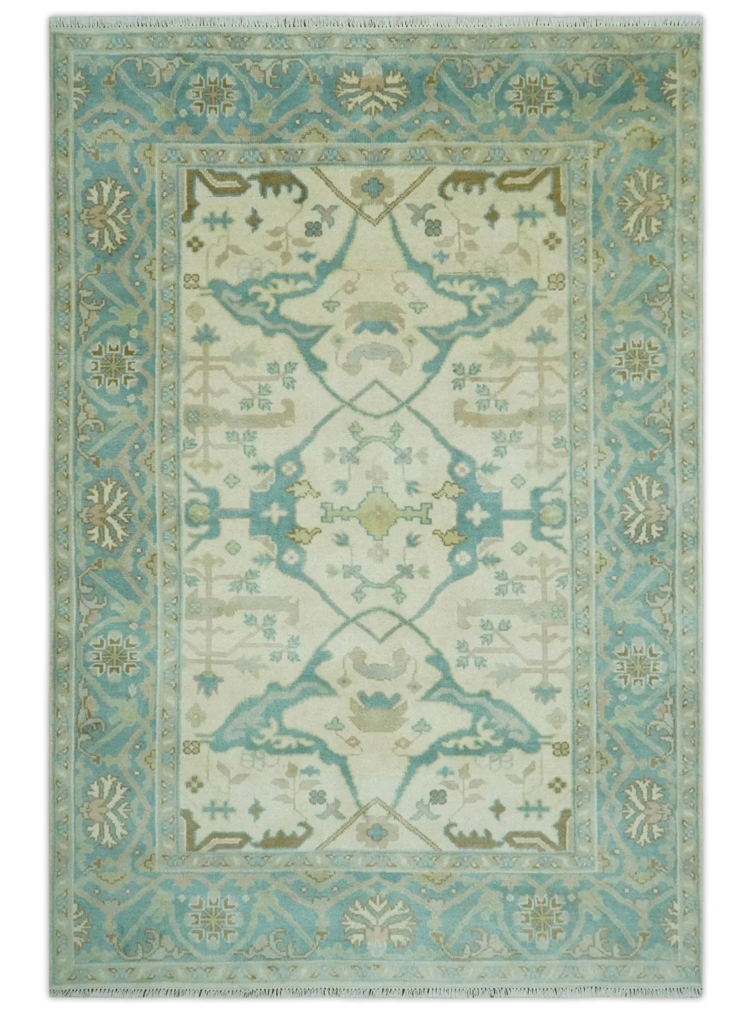 Custom Made Ivory and Teal Hand Knotted Traditional Oriental Oushak wool rug