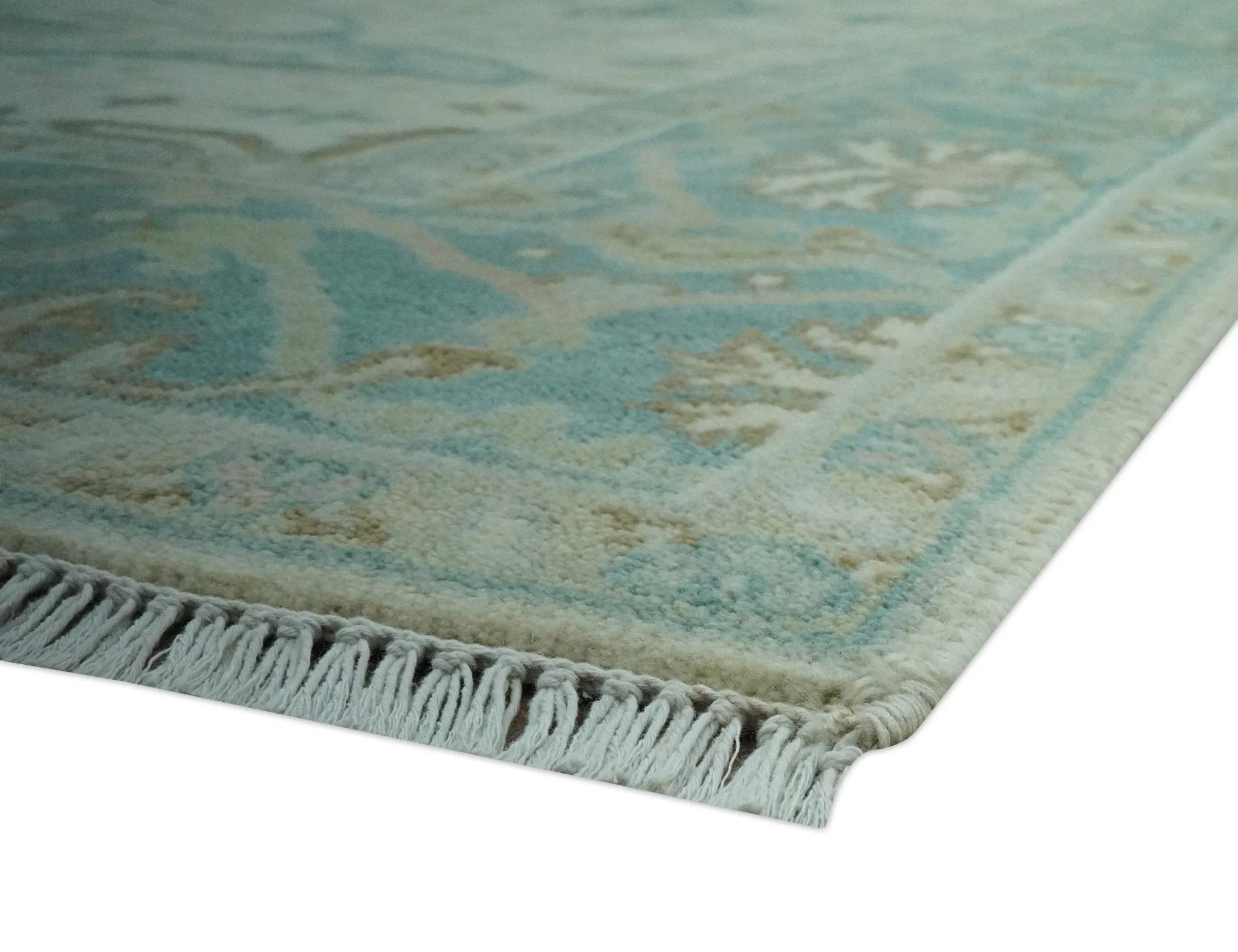 Custom Made Ivory and Teal Hand Knotted Traditional Oriental Oushak wool rug