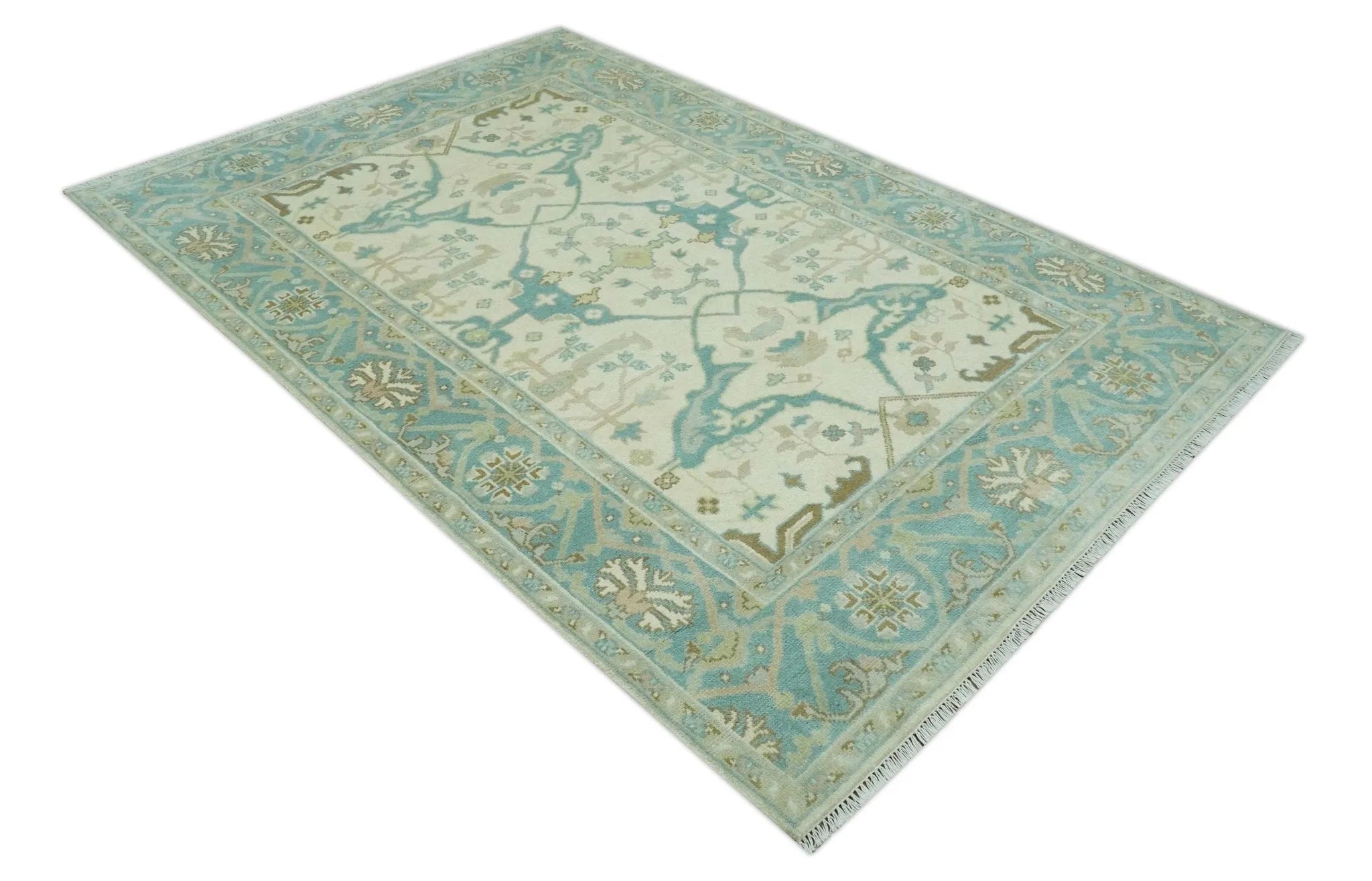 Custom Made Ivory and Teal Hand Knotted Traditional Oriental Oushak wool rug