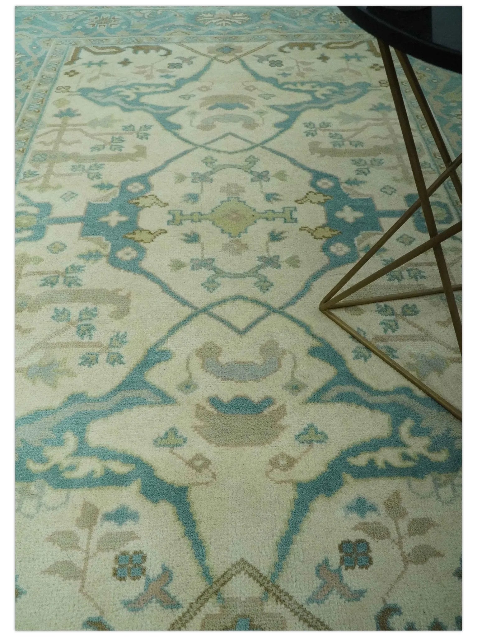 Custom Made Ivory and Teal Hand Knotted Traditional Oriental Oushak wool rug