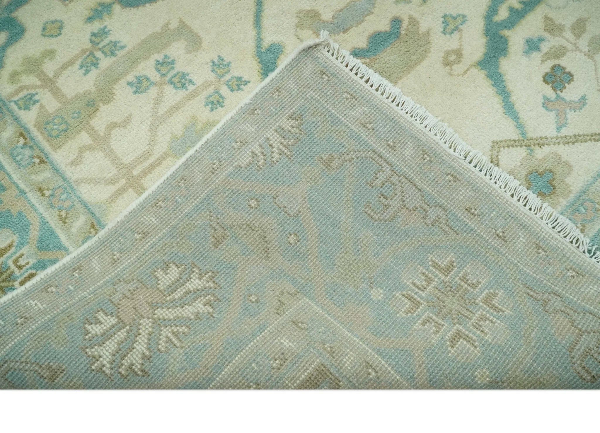 Custom Made Ivory and Teal Hand Knotted Traditional Oriental Oushak wool rug