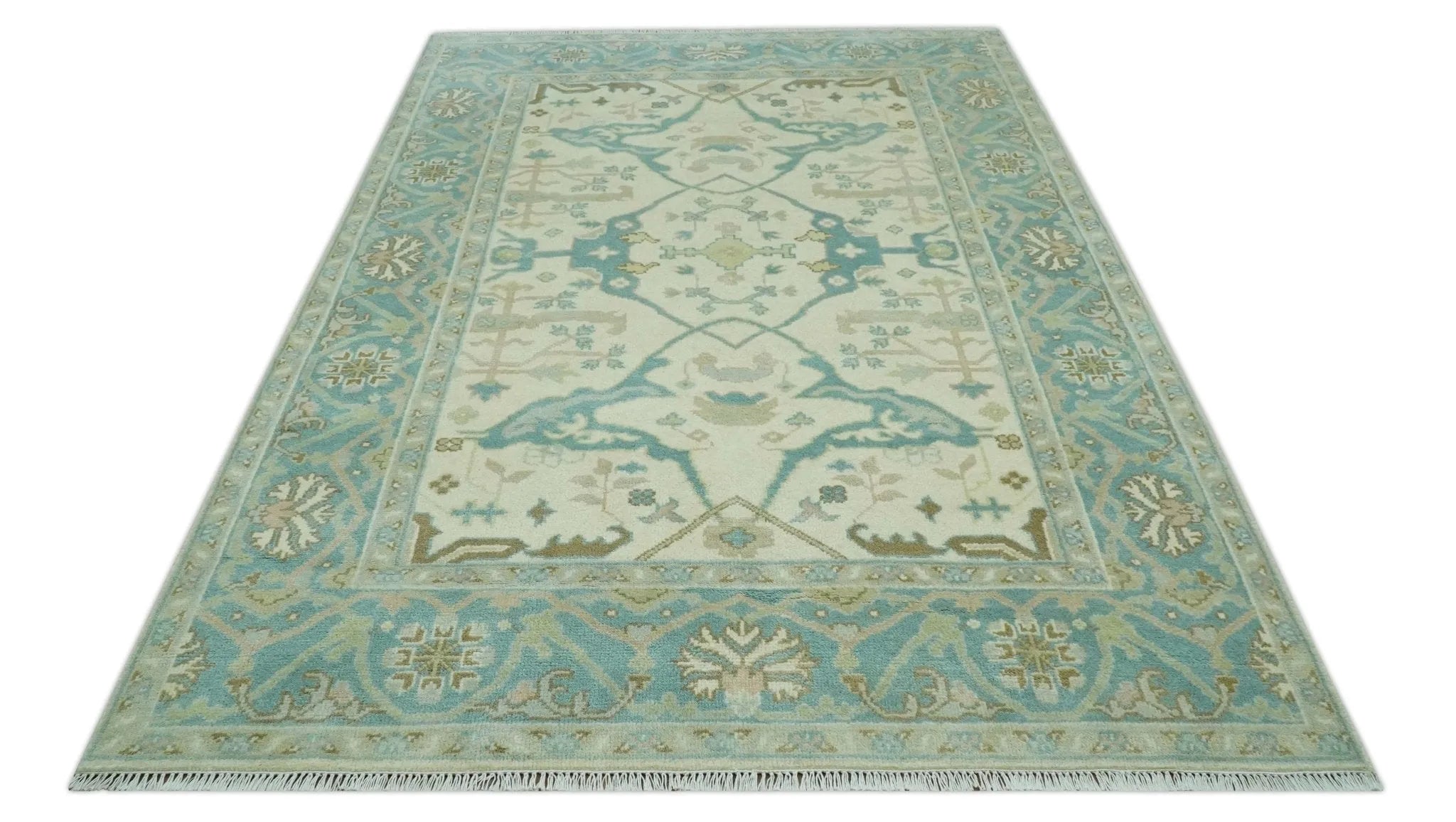 Custom Made Ivory and Teal Hand Knotted Traditional Oriental Oushak wool rug