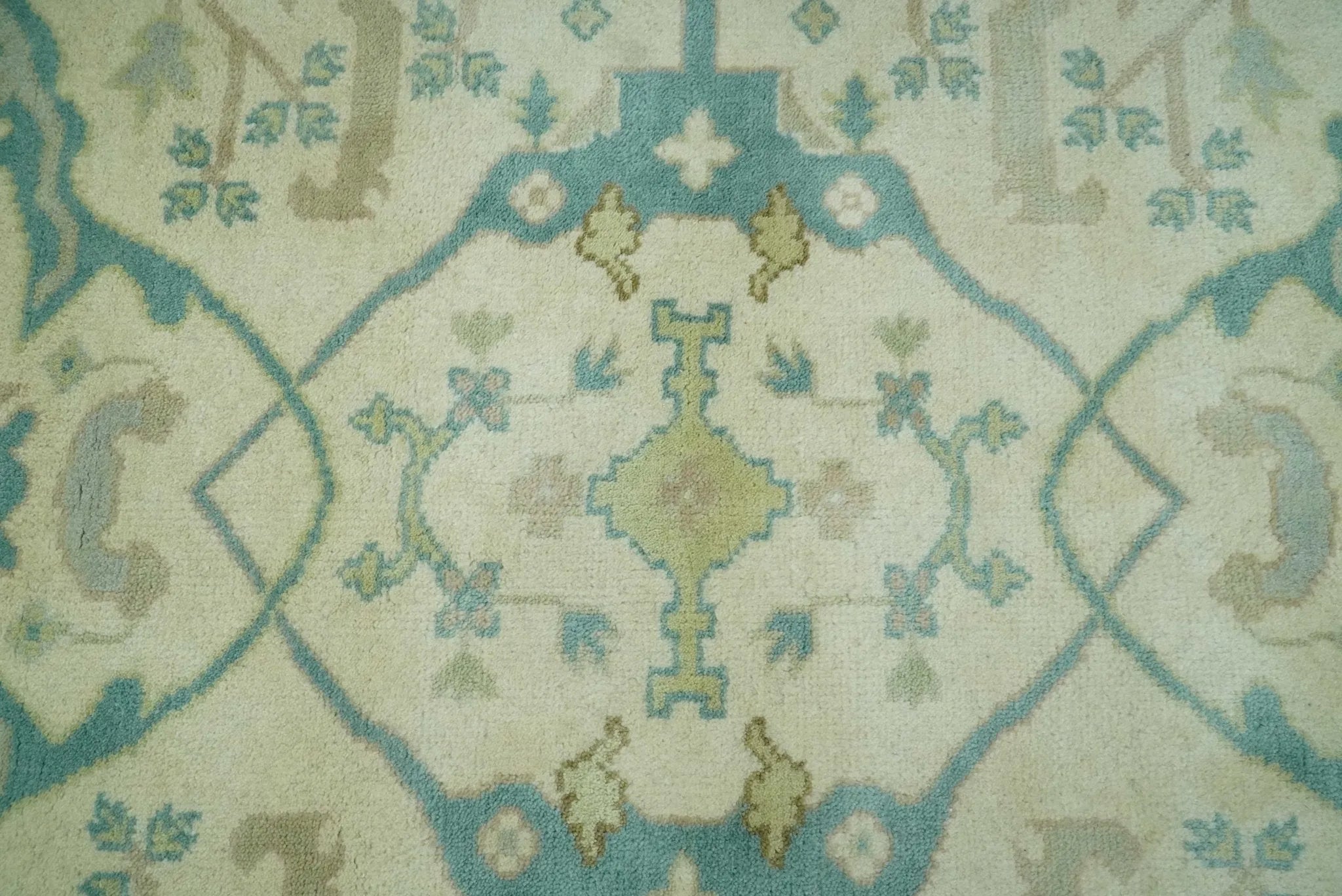 Custom Made Ivory and Teal Hand Knotted Traditional Oriental Oushak wool rug