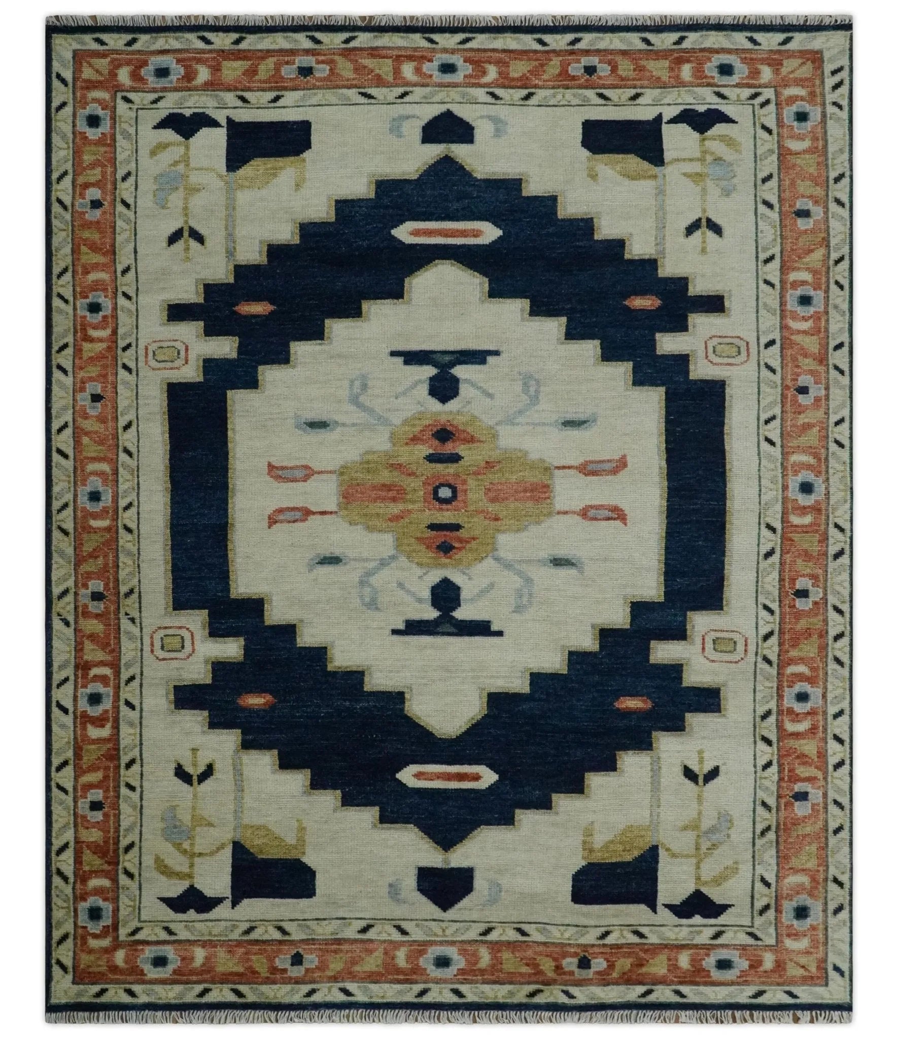 Custom Made Ivory, Beige and Rust Hand Knotted Traditional Heriz Wool Area Rug