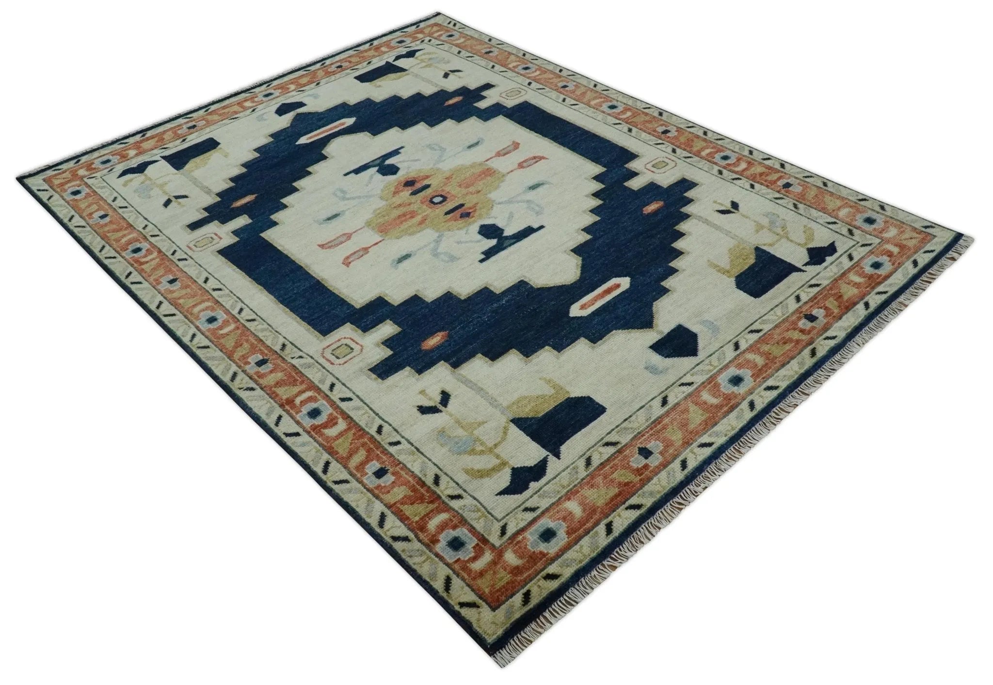 Custom Made Ivory, Beige and Rust Hand Knotted Traditional Heriz Wool Area Rug