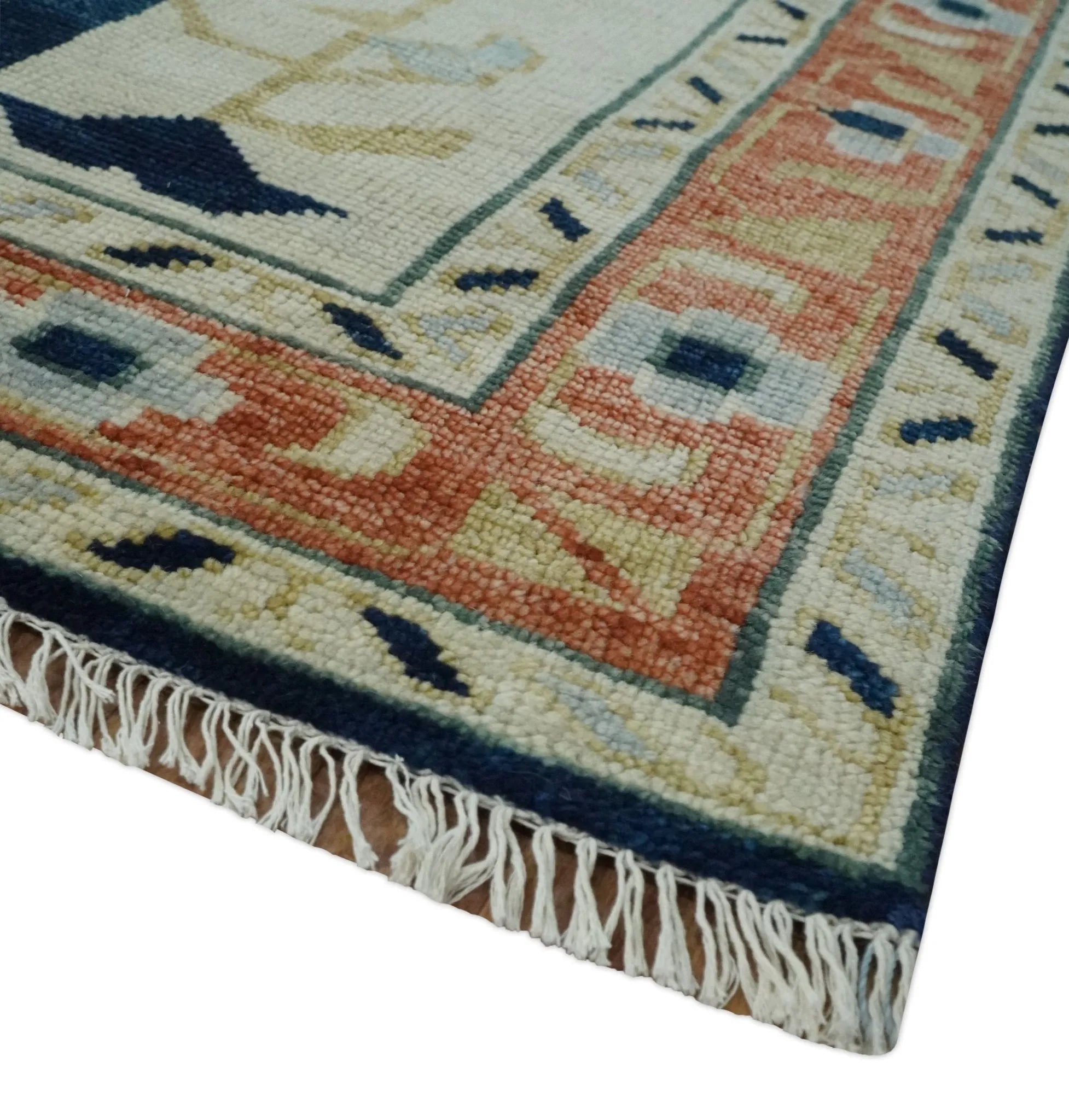 Custom Made Ivory, Beige and Rust Hand Knotted Traditional Heriz Wool Area Rug