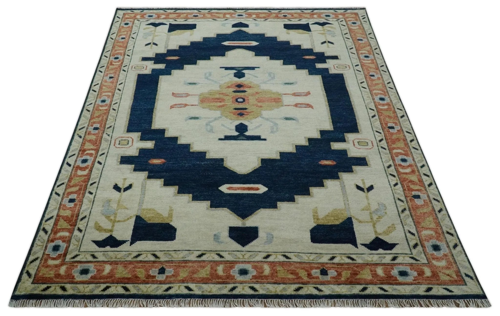 Custom Made Ivory, Beige and Rust Hand Knotted Traditional Heriz Wool Area Rug