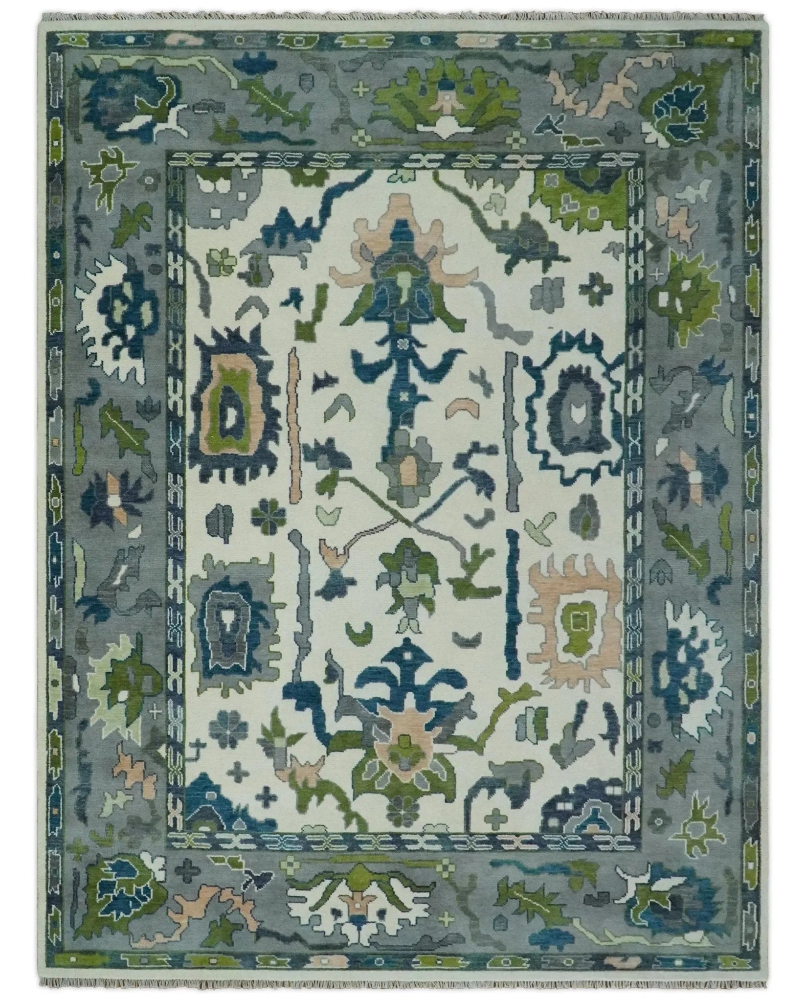 Custom Made Ivory,  Teal, and Gray Hand knotted Traditional Oushak Wool Area Rug