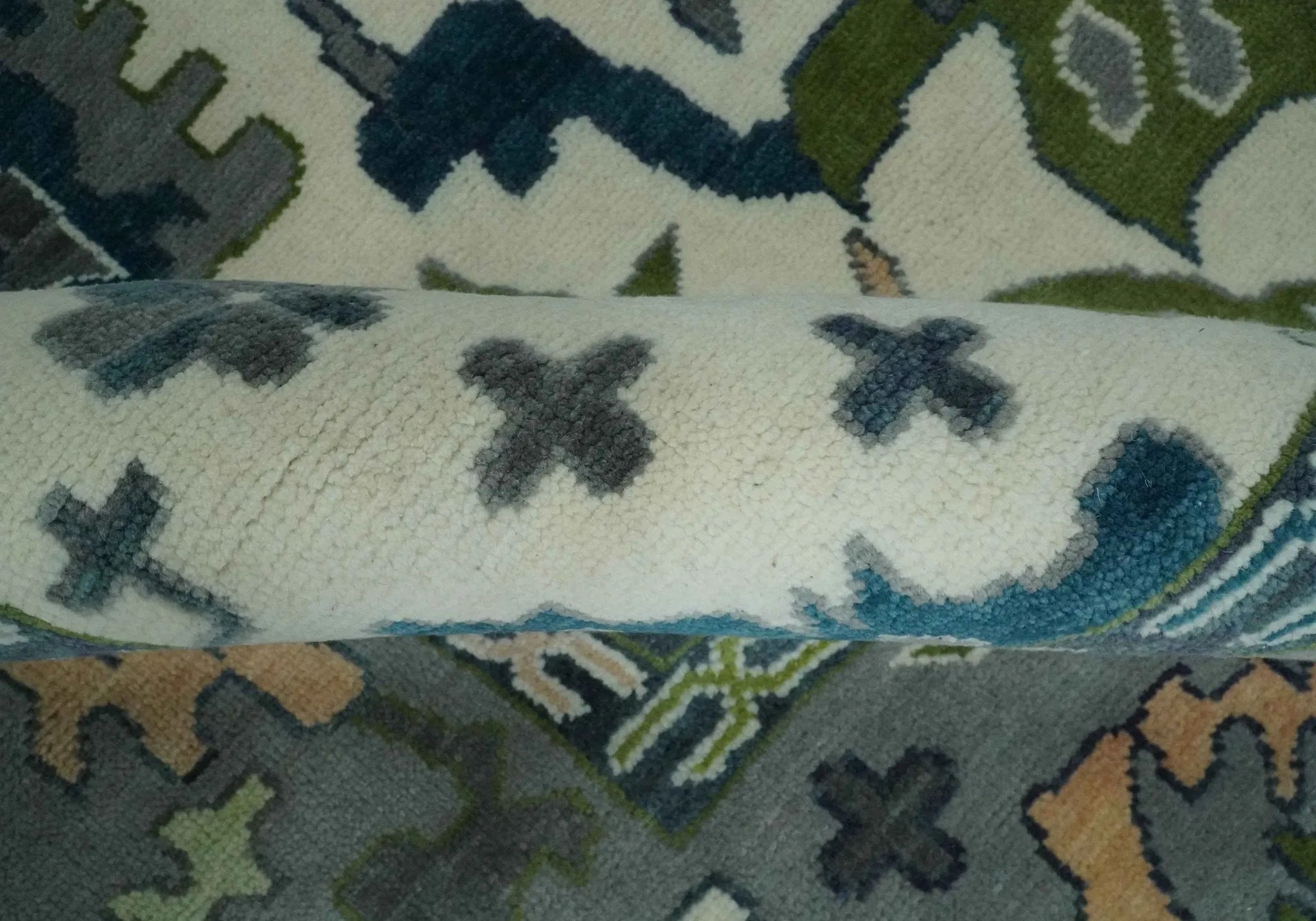 Custom Made Ivory,  Teal, and Gray Hand knotted Traditional Oushak Wool Area Rug