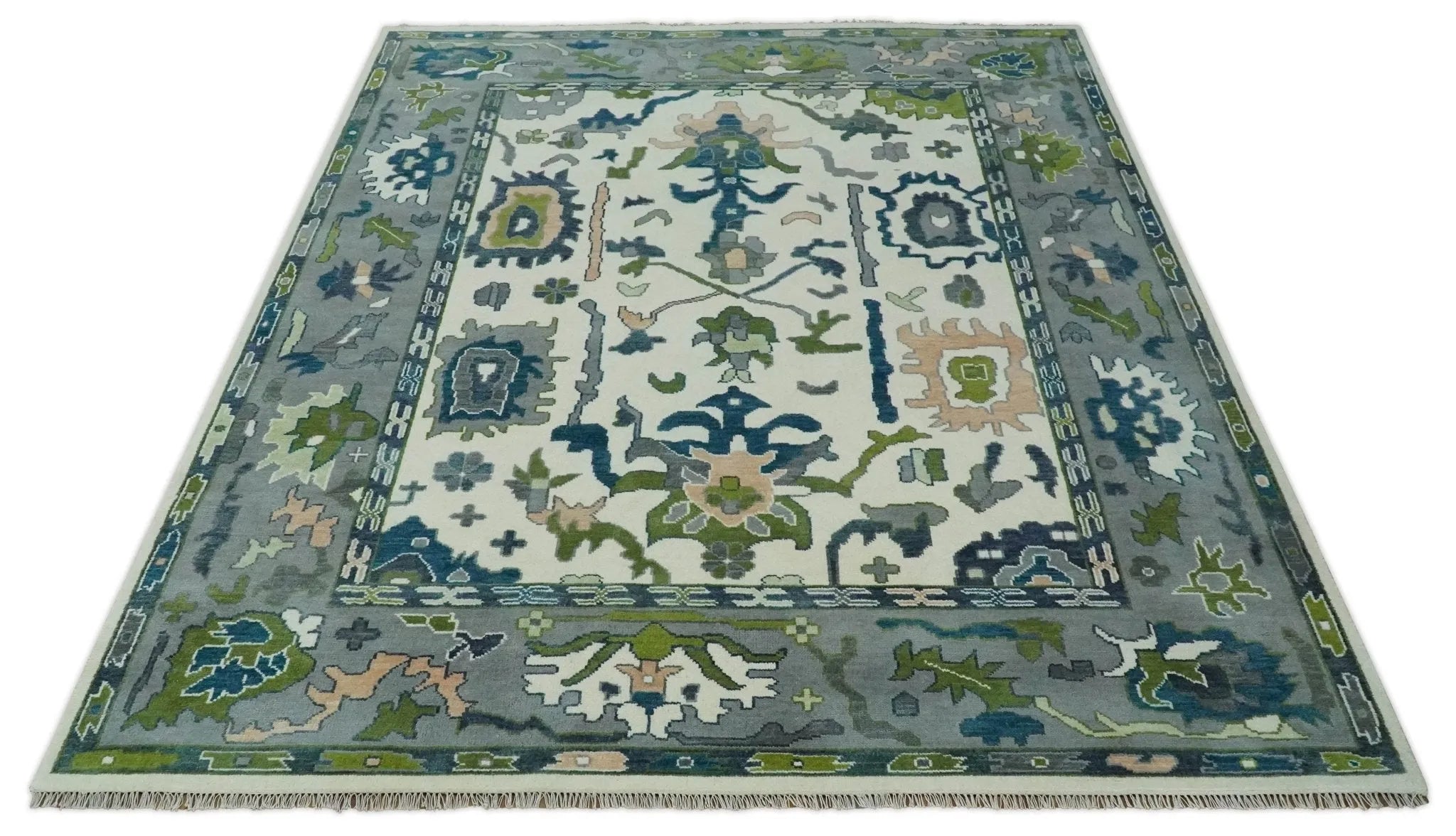 Custom Made Ivory,  Teal, and Gray Hand knotted Traditional Oushak Wool Area Rug