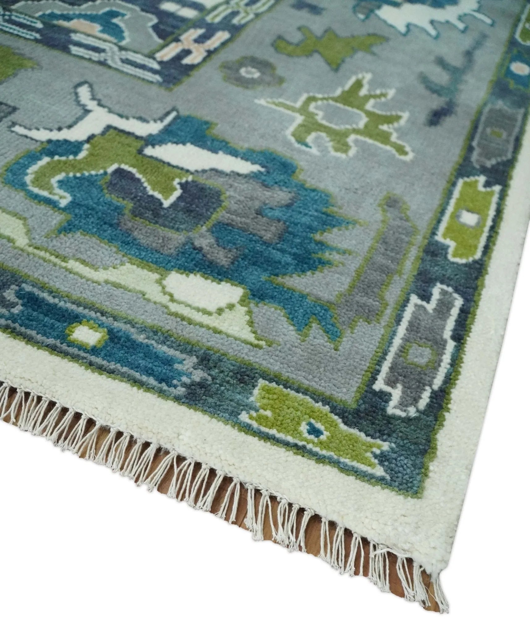 Custom Made Ivory,  Teal, and Gray Hand knotted Traditional Oushak Wool Area Rug